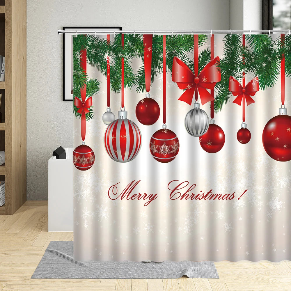 Festive Green Plant & Christmas Ball Shower Curtain - Image 22