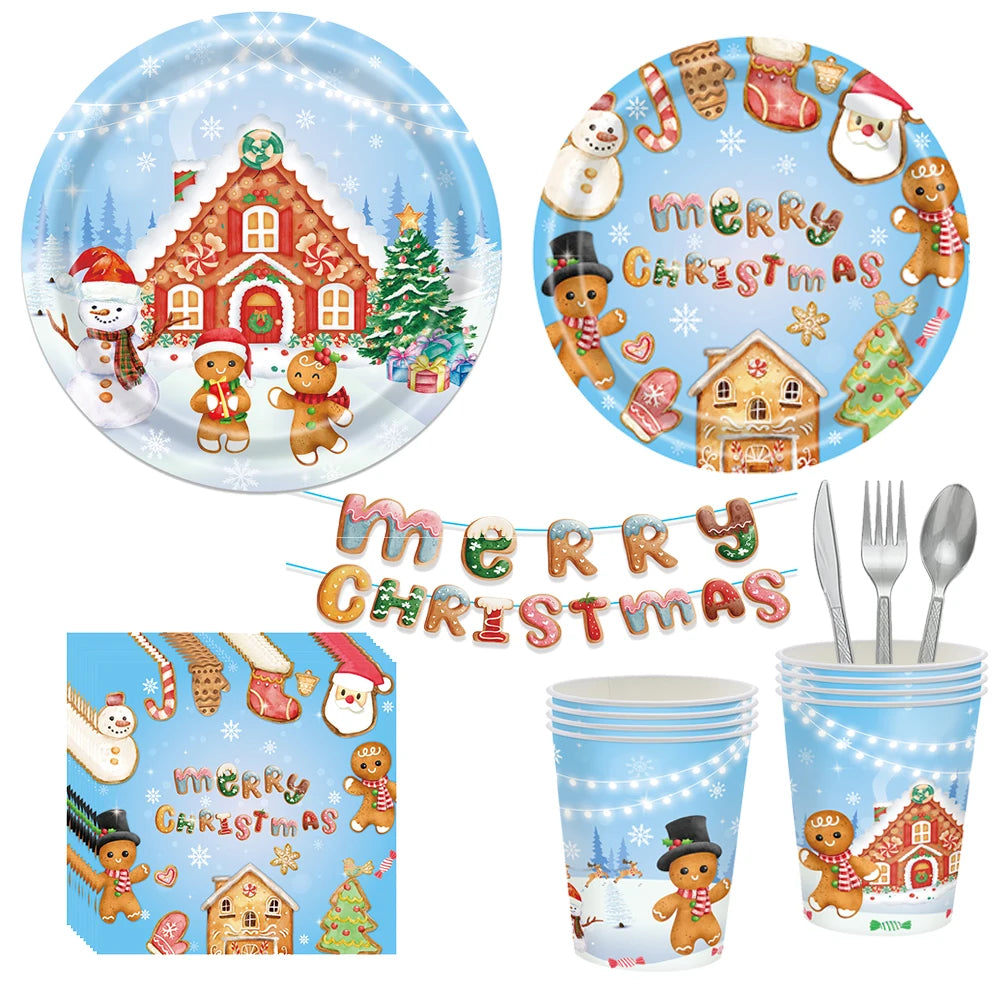 Festive Blue Christmas Tableware Set: Plates, Cups, Napkins