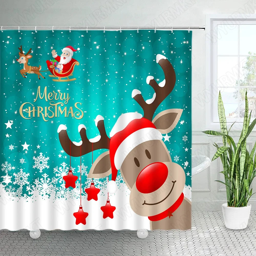 Whimsical Christmas Shower Curtain - Santa & Reindeer Delight - Image 2