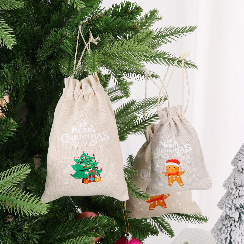 Charming Christmas Linen Drawstring Gift Bags - 1/10 Pack - Image 19