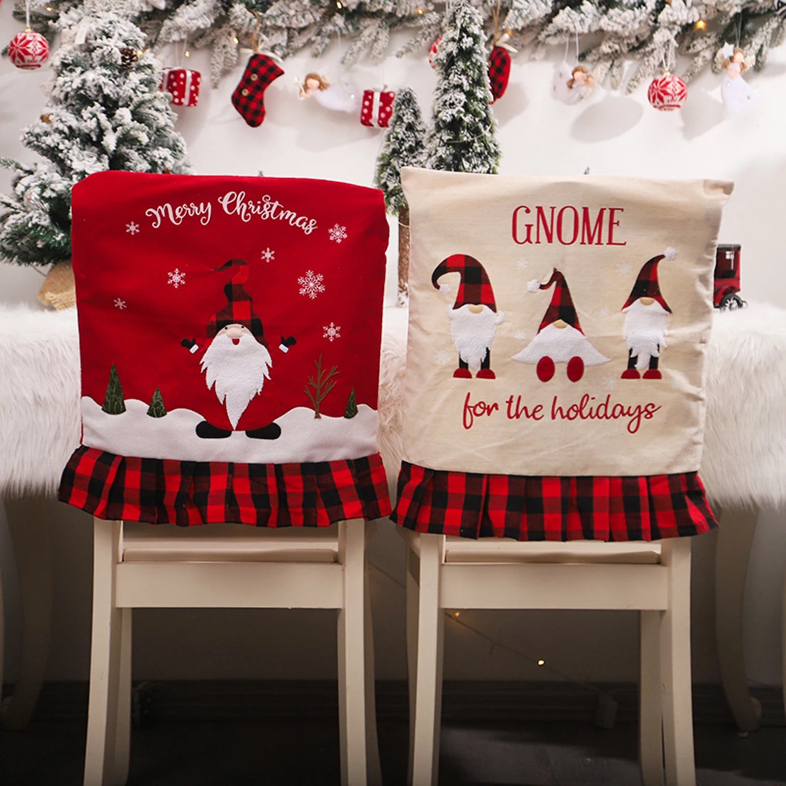 Festive Checkered Linen Chair Cover for Christmas