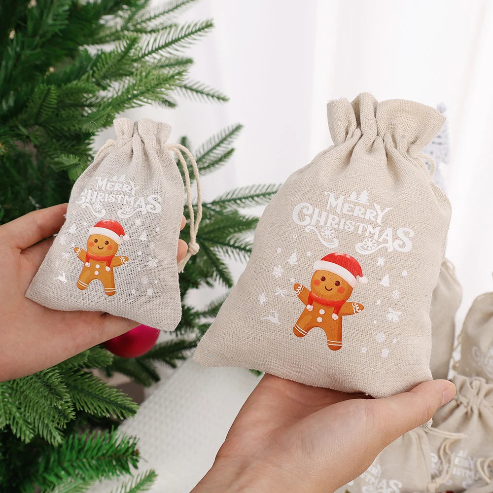 Charming Christmas Linen Drawstring Gift Bags - 1/10 Pack - Image 20