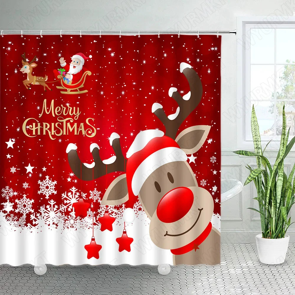Whimsical Christmas Shower Curtain - Santa & Reindeer Delight