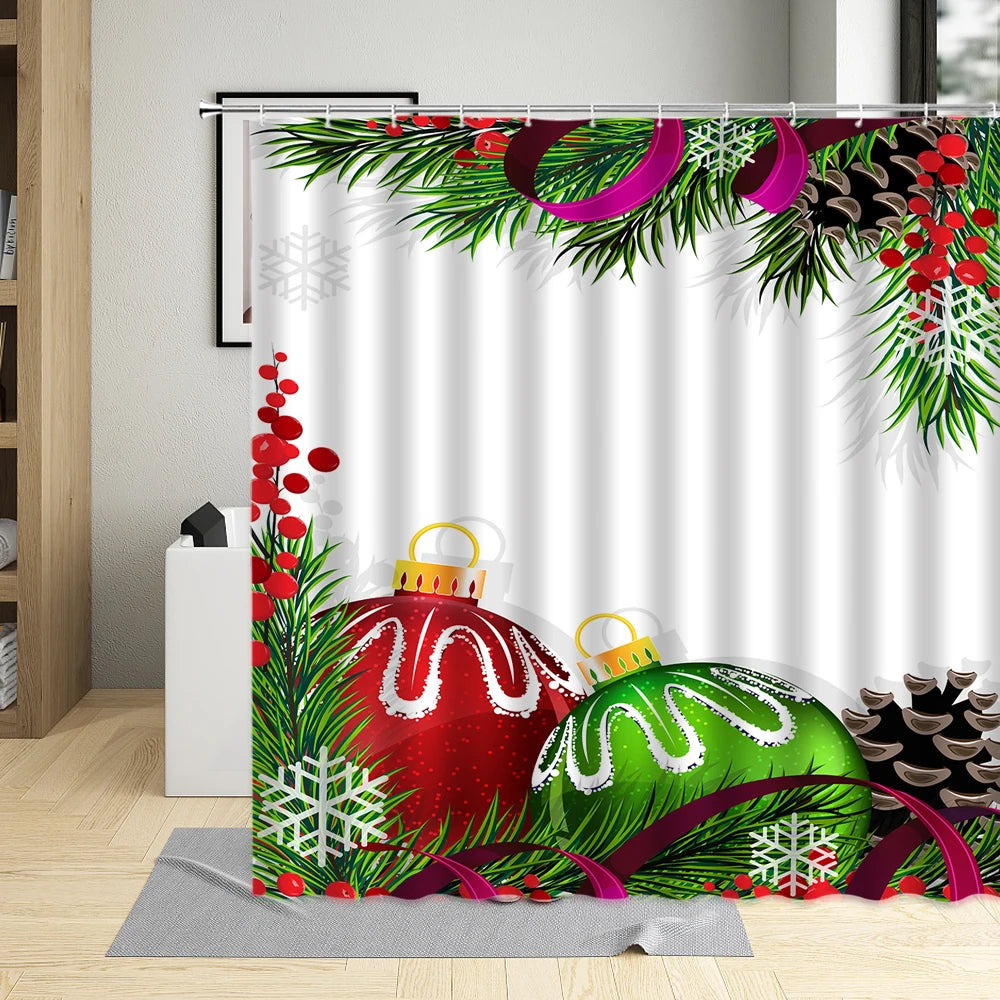 Festive Green Plant & Christmas Ball Shower Curtain - Image 19