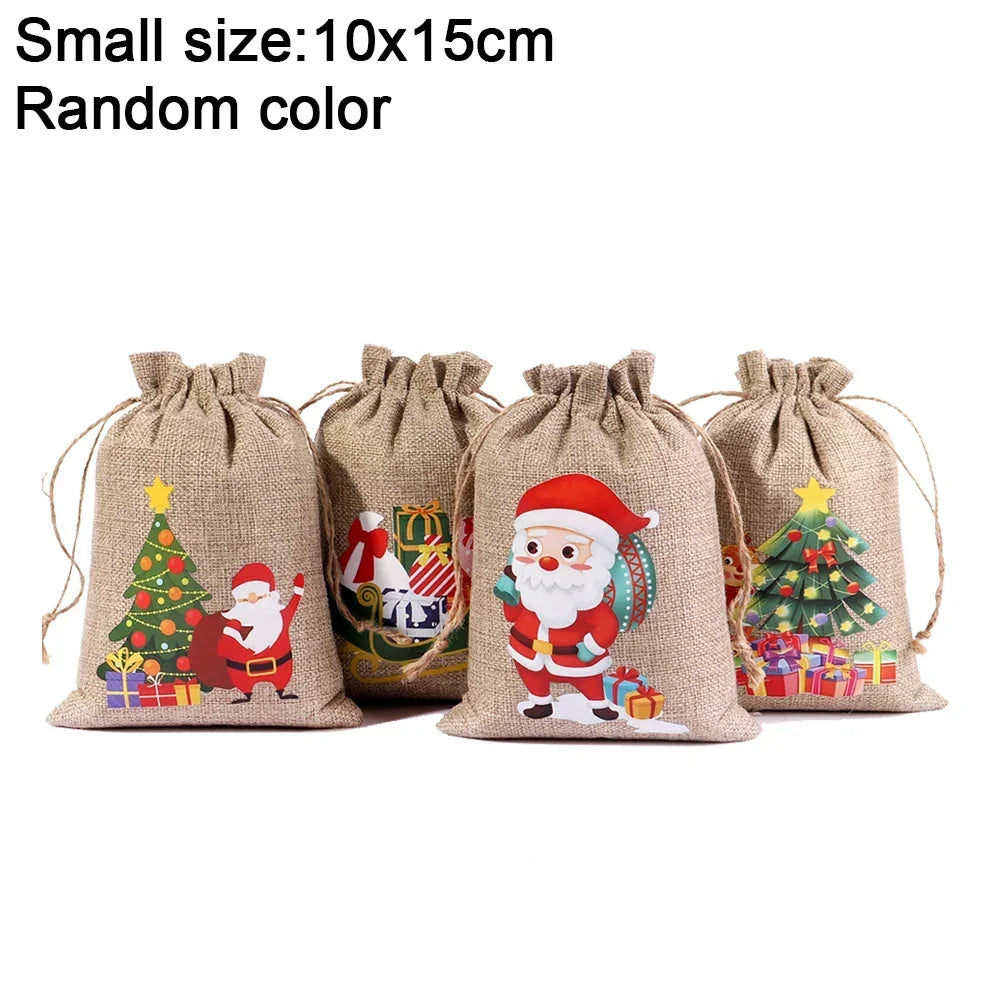 Charming Christmas Linen Drawstring Gift Bags - 1/10 Pack - Image 6