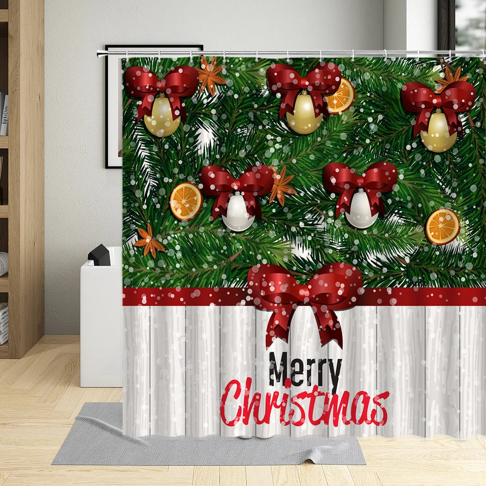 Festive Green Plant & Christmas Ball Shower Curtain - Image 14