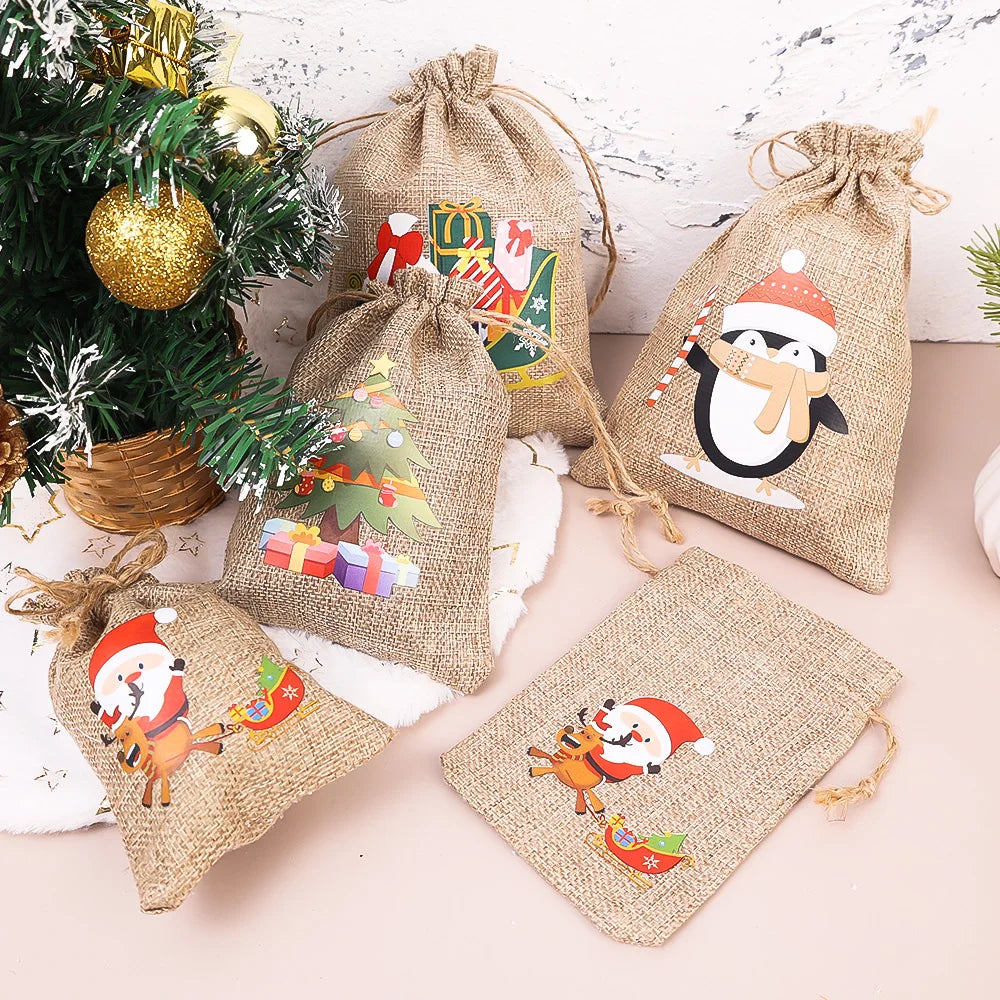 Charming Christmas Linen Drawstring Gift Bags - 1/10 Pack - Image 16