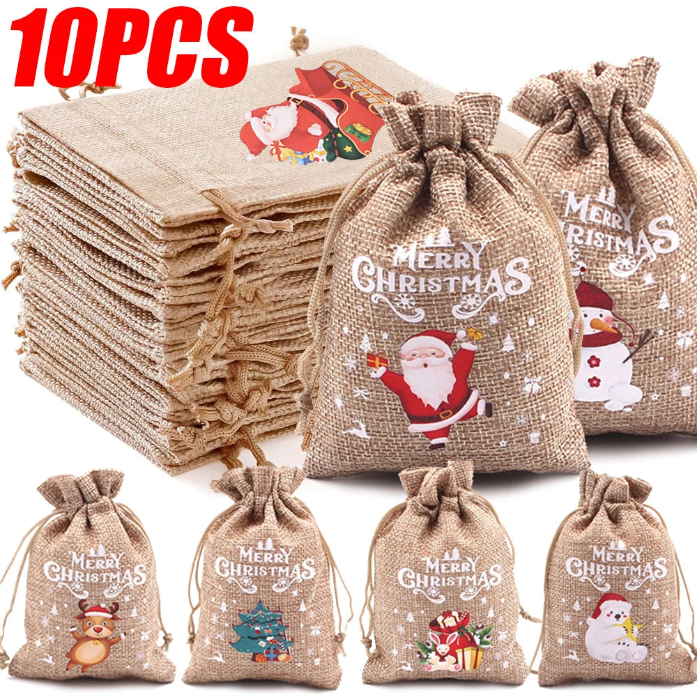Charming Christmas Linen Drawstring Gift Bags - 1/10 Pack - Image 13