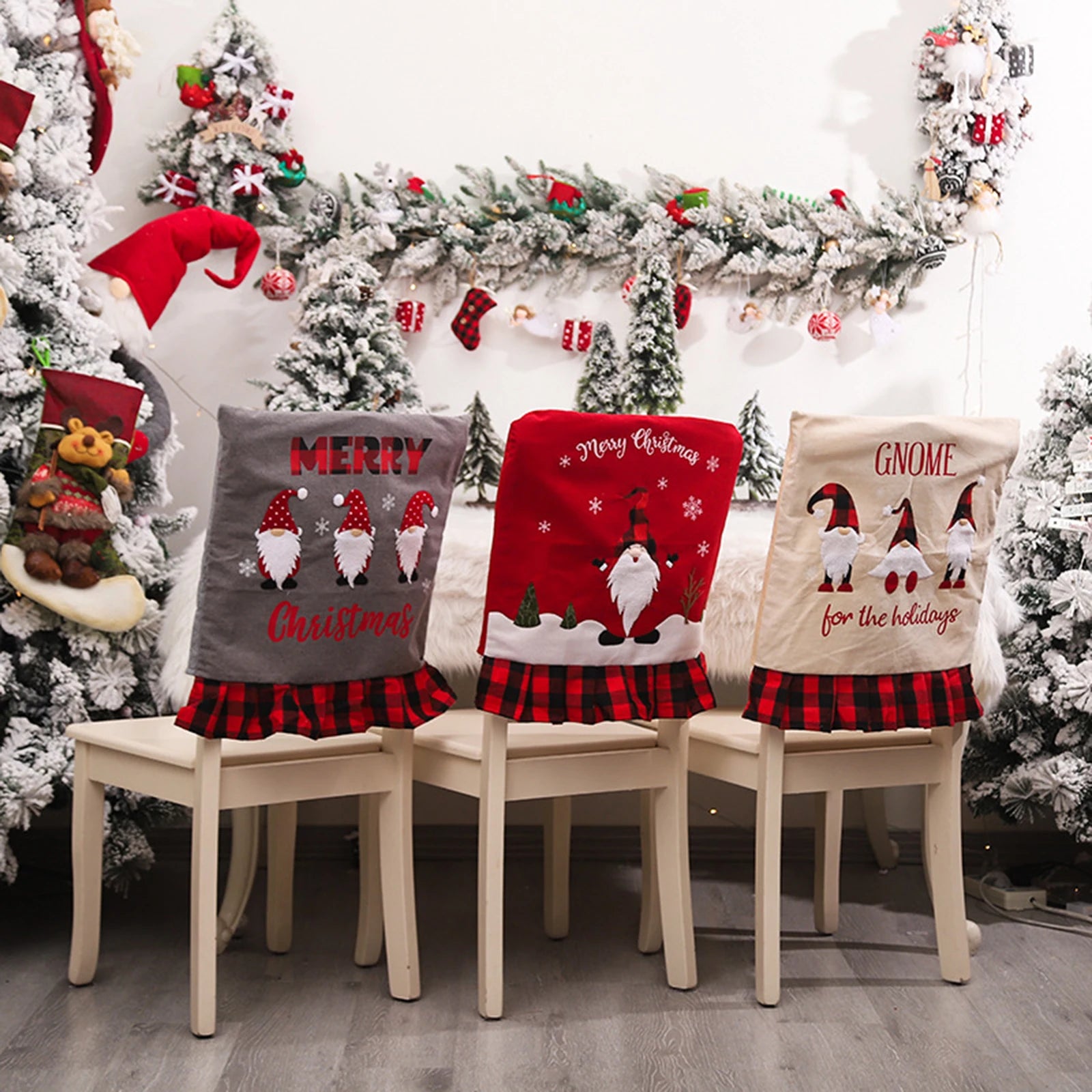Festive Checkered Linen Chair Cover for Christmas - Image 5