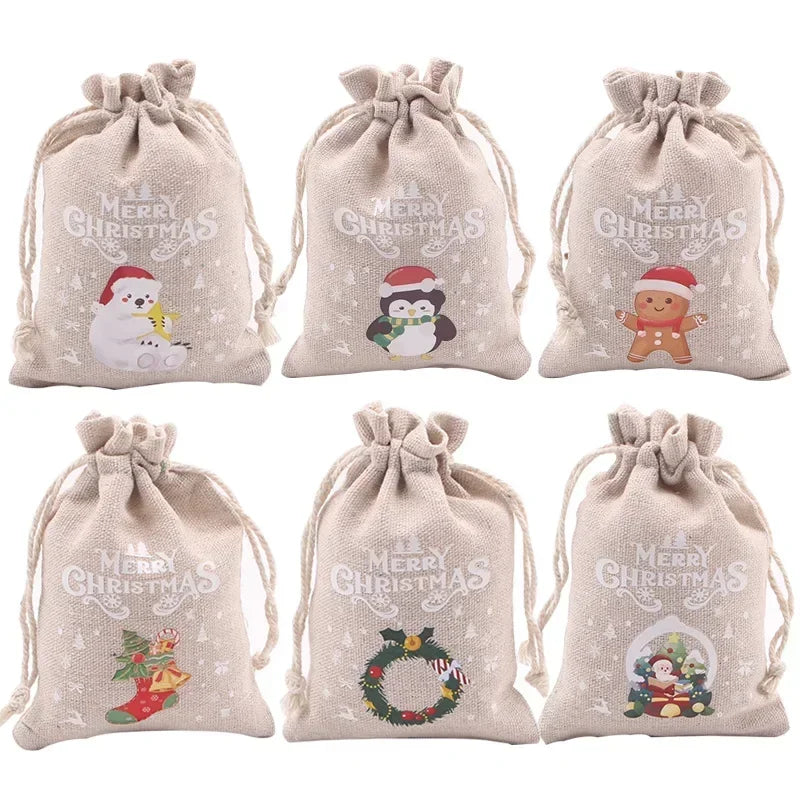 Charming Christmas Linen Drawstring Gift Bags - 1/10 Pack - Image 8