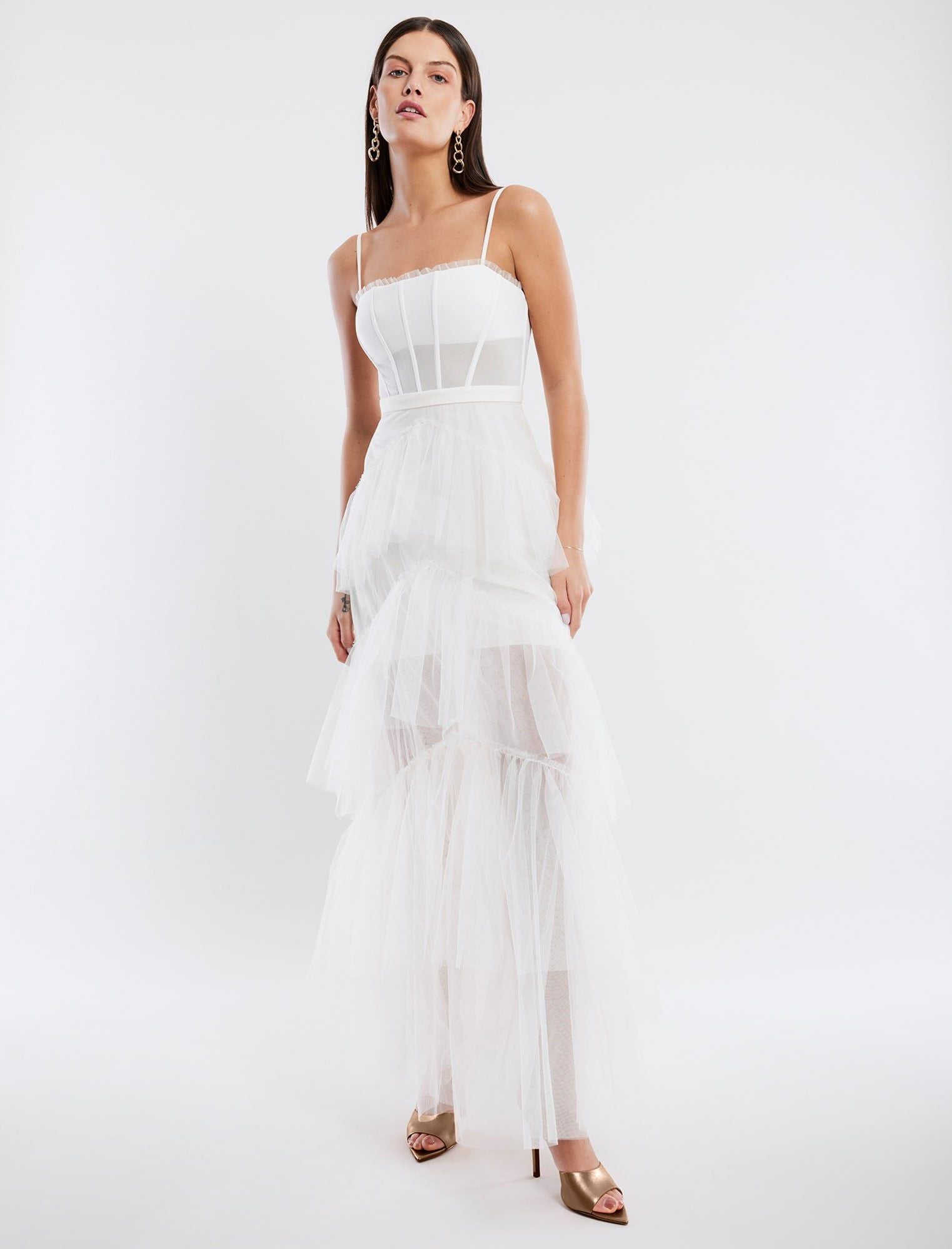 BCBGMAXAZRIA Oly Tiered Ruffle Tulle Evening Gown In Gardenia in