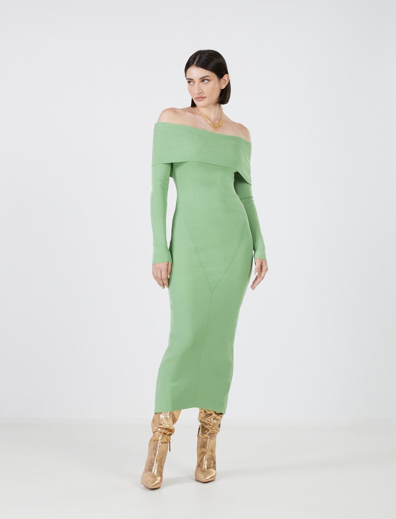 BCBGMAXAZRIA Arturo Off the shoulder Sweater Dress In Peapod in