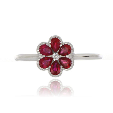 18ct white gold ruby and diamond flower ring