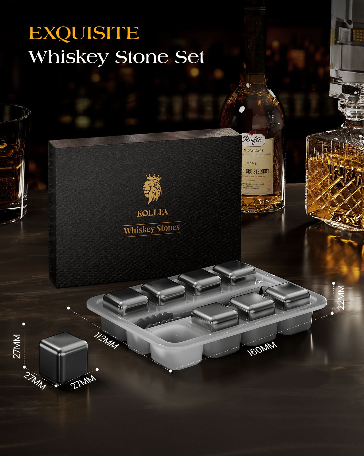 Whiskoff Whiskey Glass Set - Whisky Chilling Stainless Steel Ice Cubes of 6  - Bourbon Glasses Gift Set - Scotch Metal Ice Cubes 