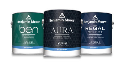 three cans of ben, aura, and regal paint