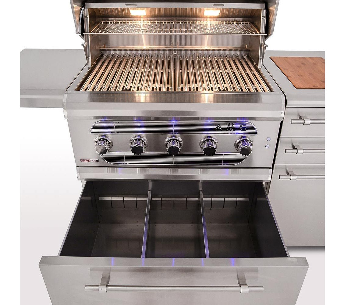 American Made Grills MUS54-NG Muscle Dual Fuel Wood and GAS Grill with Infrared Searing Burner and Rotisserie Kit on Cart in in Stainless Steel