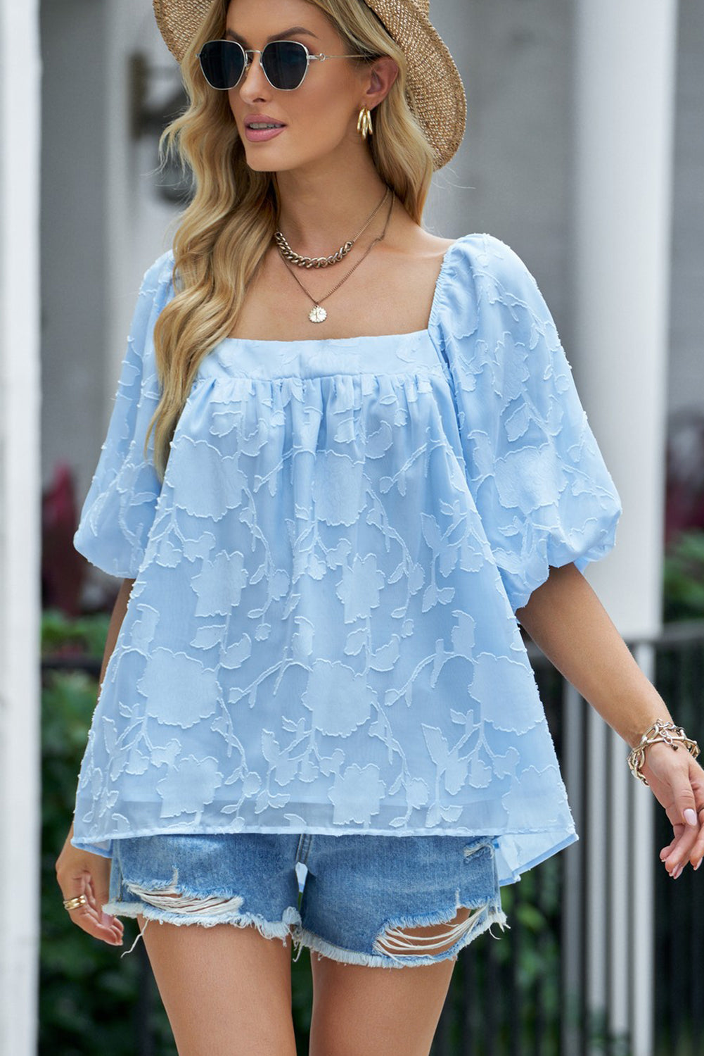 Choosy Gal Applique Puff Sleeve Square Neck Blouse