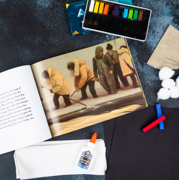 Chalk pastels, Elmer's glue, cotton balls, white paper towels, black paper, and a tan napkin surround a children's book that is open to a page depicting five men working outdoors in the winter.