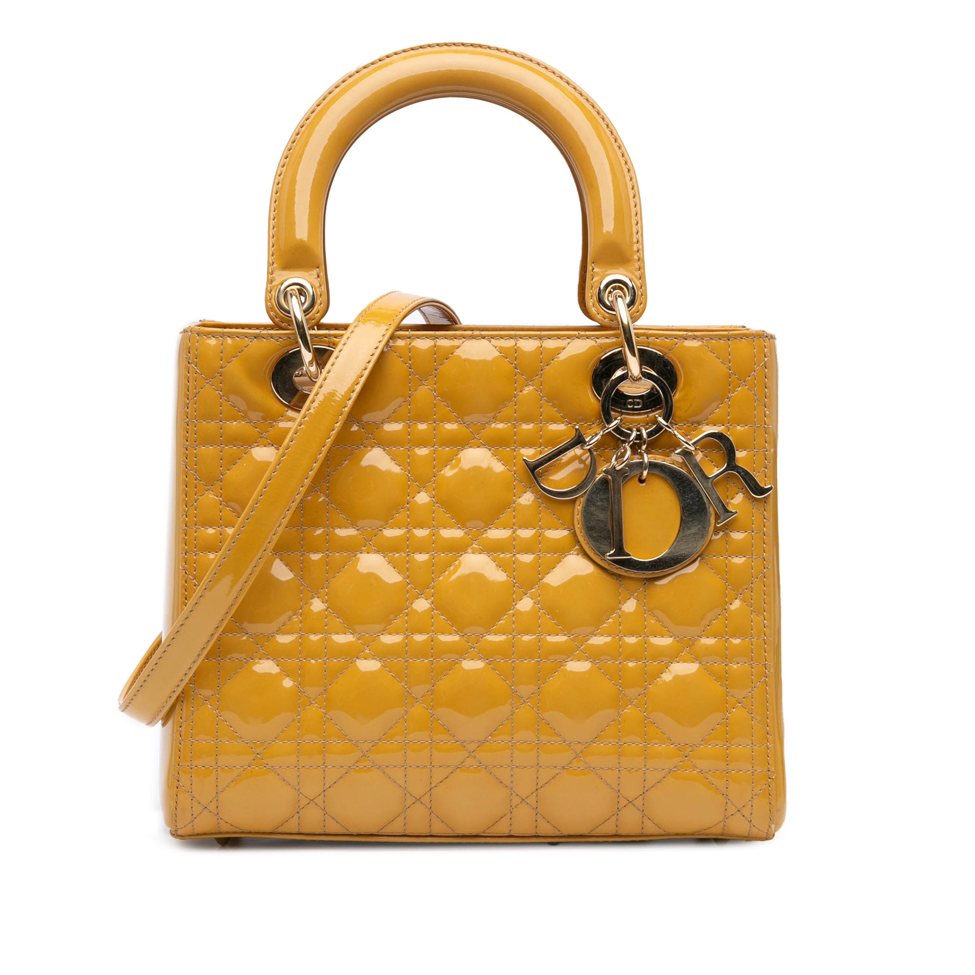 image of Yellow Dior Medium Patent Cannage Lady Dior Satchel