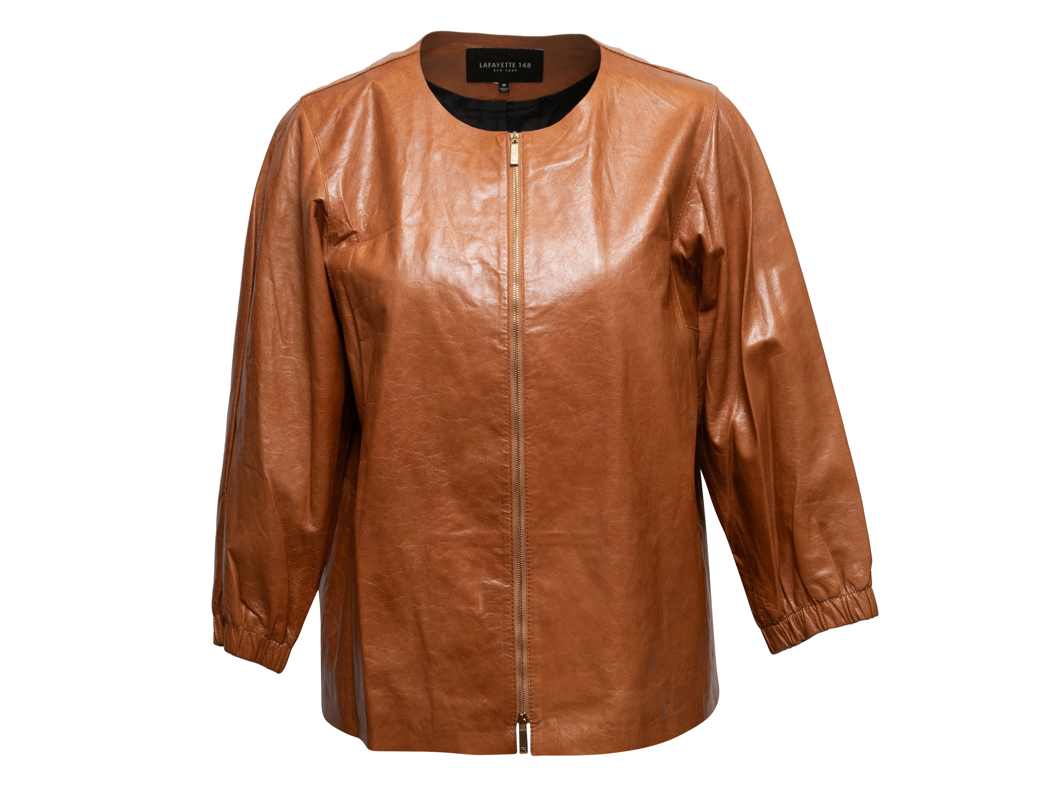 Brown Leather Collarless Jacket Size US M