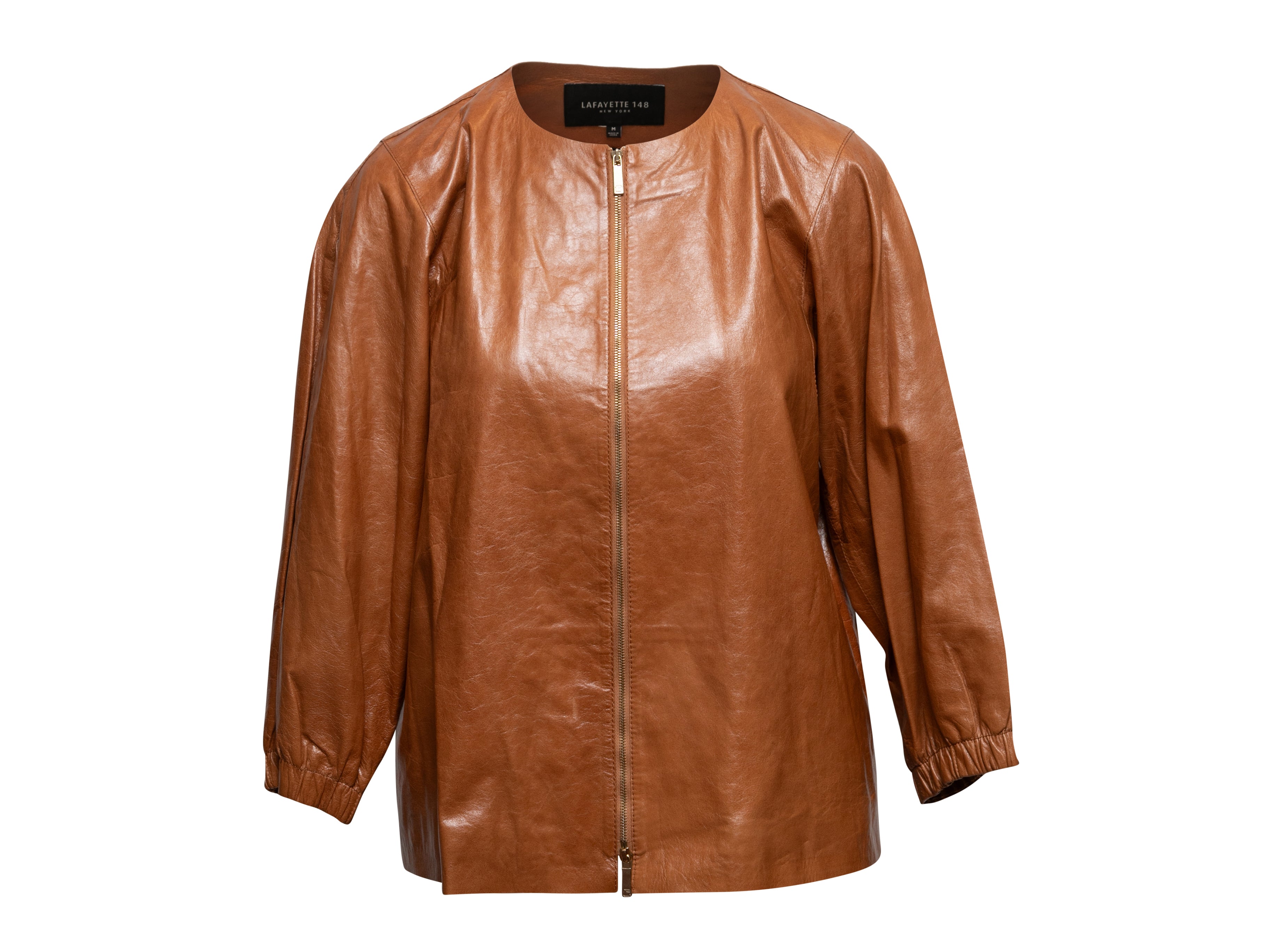 Brown Leather Collarless Jacket Size US M