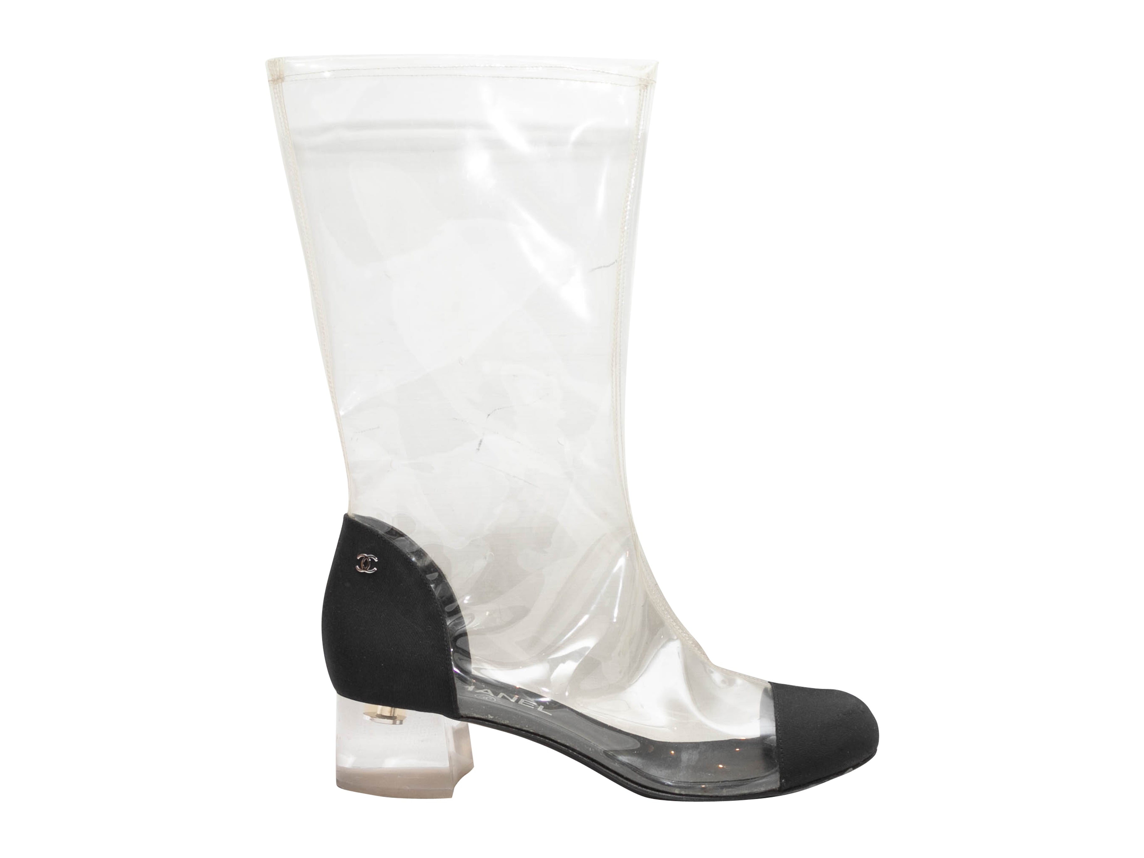 Clear & Black PVC & Grosgrain Cap-Toe Boots Size 39