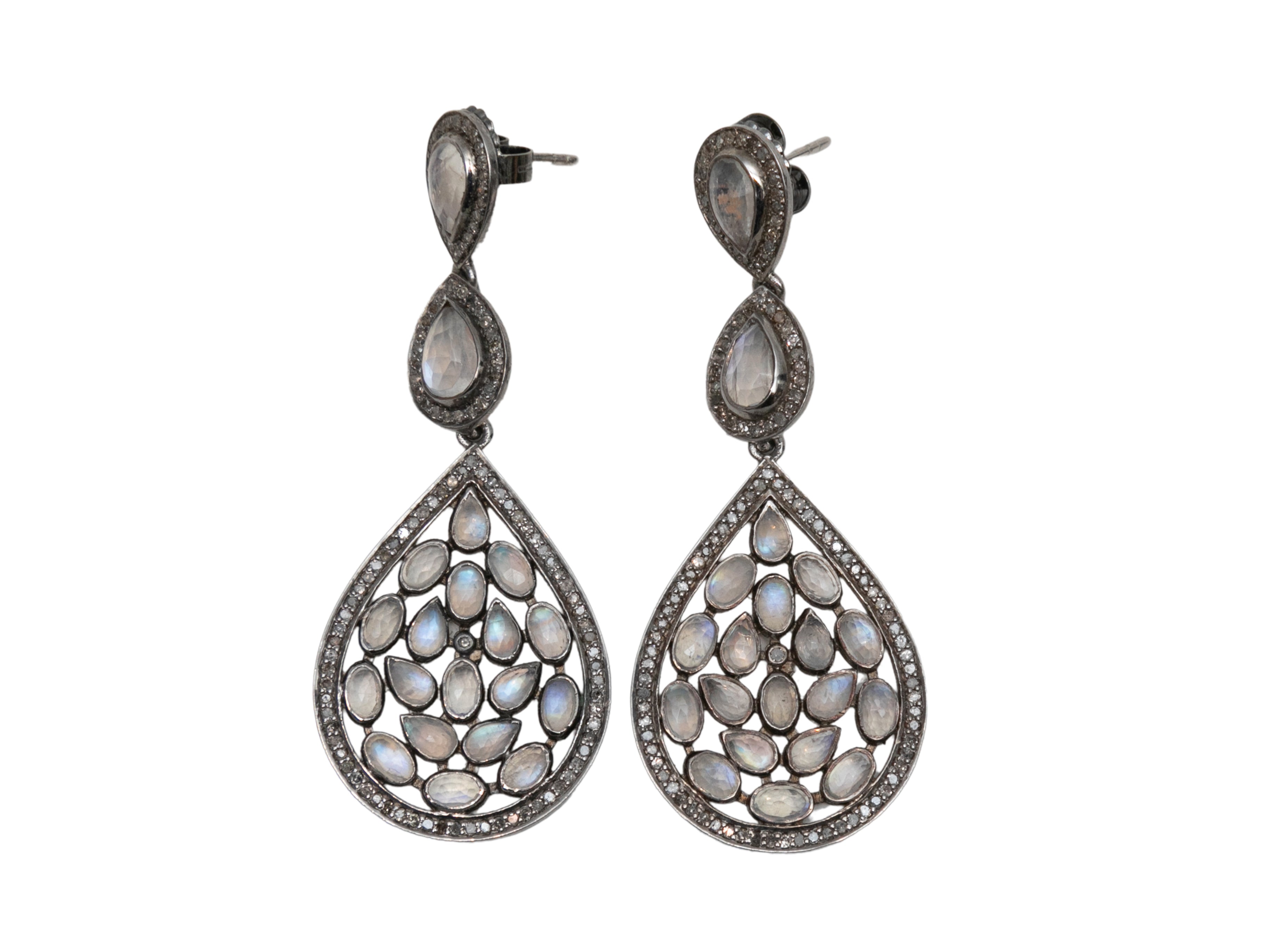 image of Silver Bavna Moonstone & Pave Diamond Pierced Drop Earrings