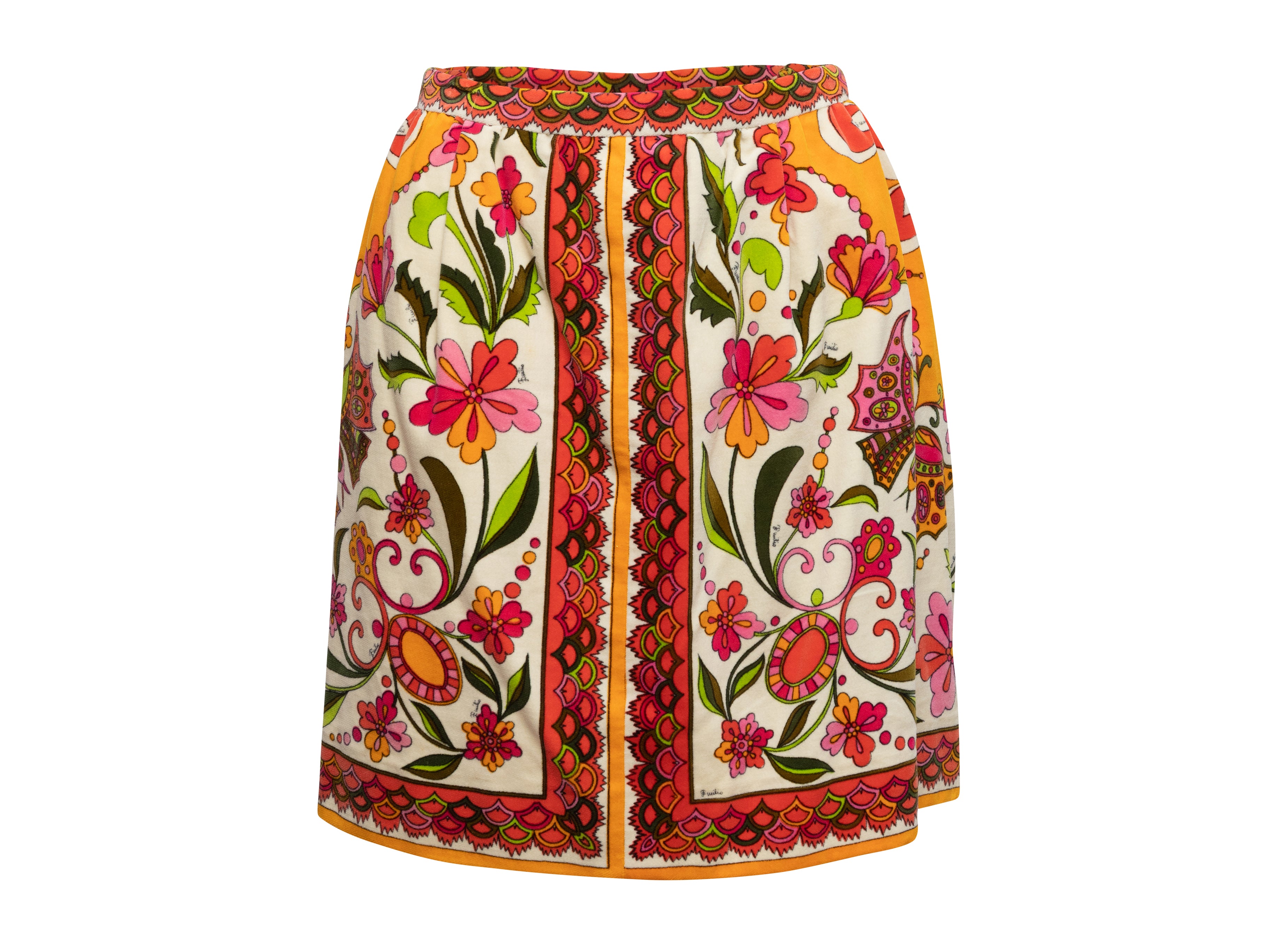 Orange & Multicolor 60s Floral Print Skirt