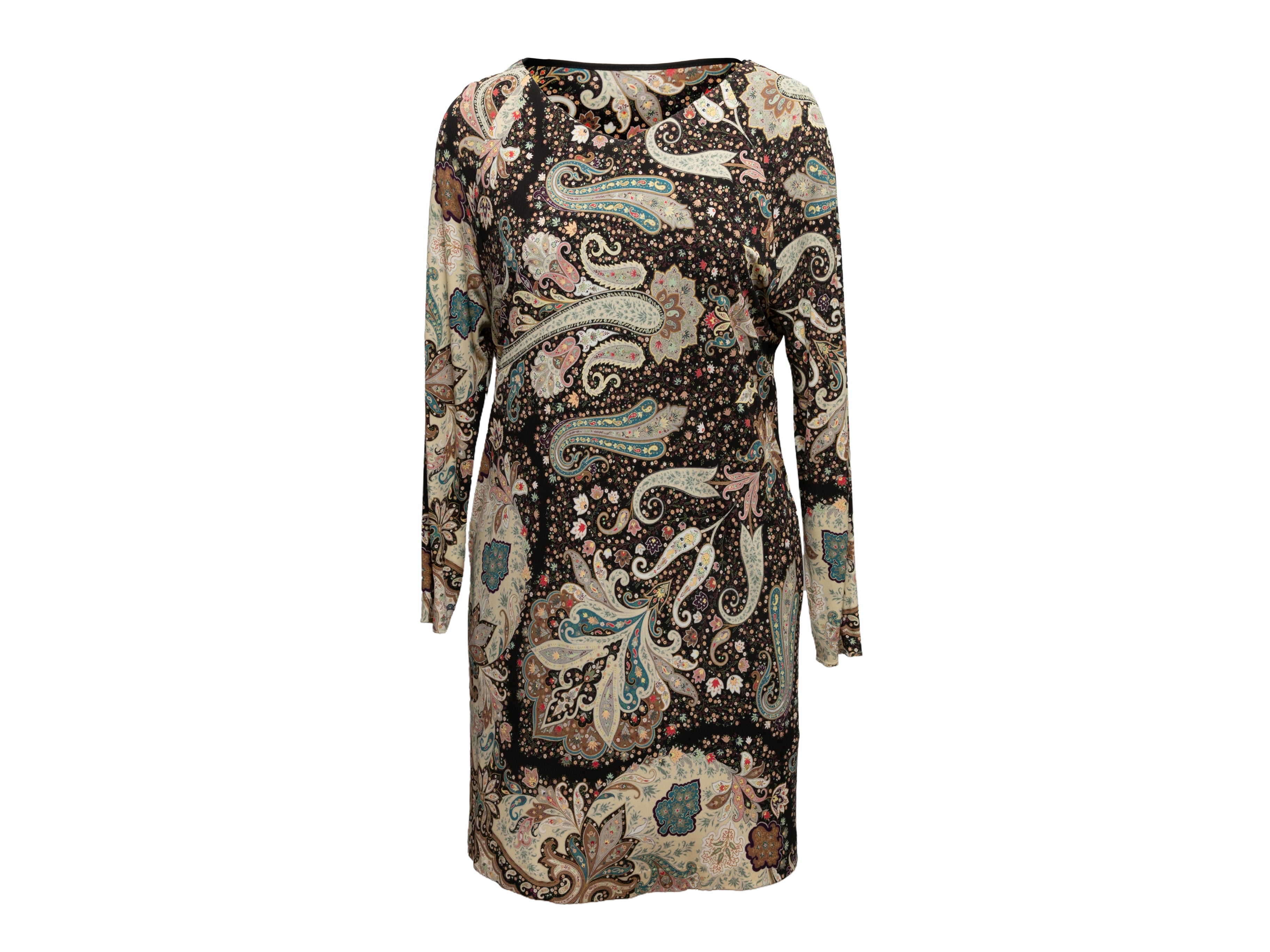 image of Beige & Multicolor Etro Paisley Print Long Sleeve Dress Size IT 38