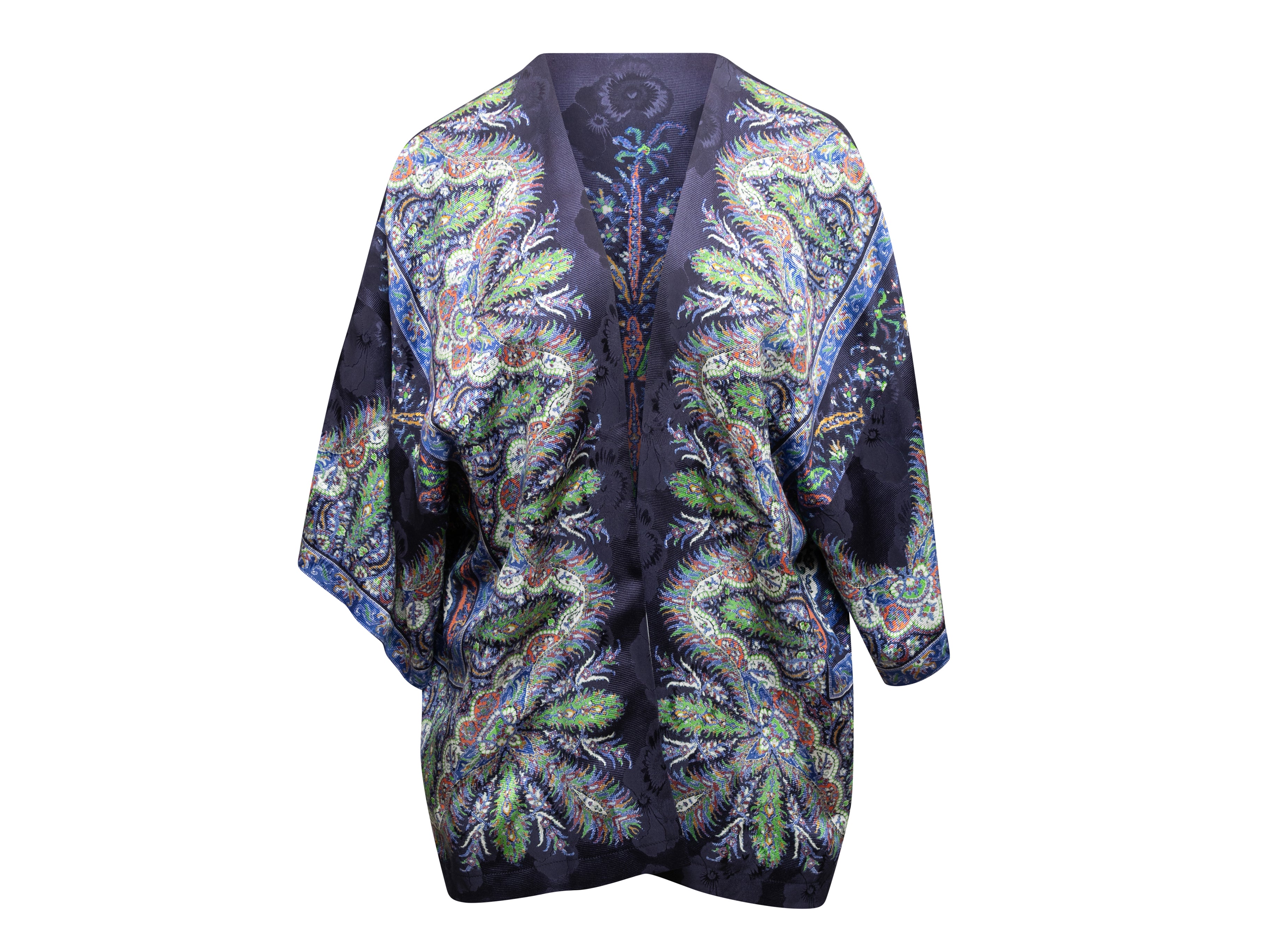 image of Navy & Multicolor Etro Silk Printed Open Front Jacket Size US M