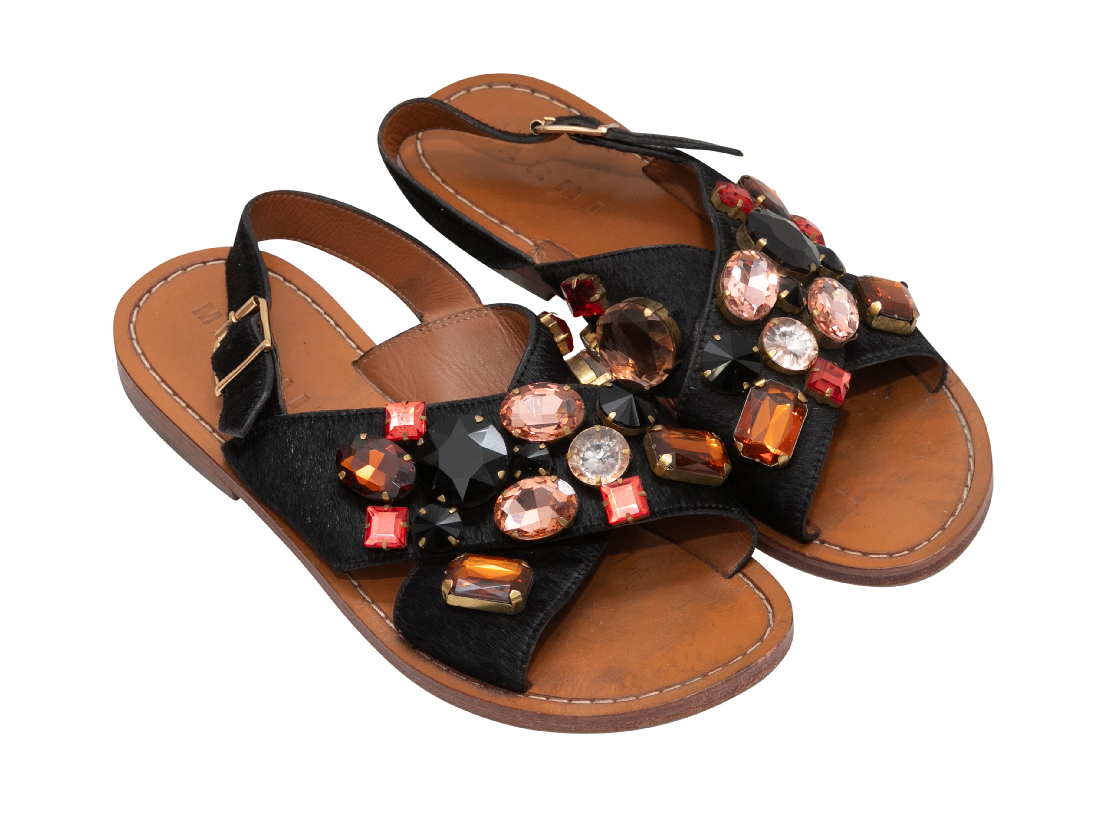 Black & Multicolor Ponyhair Rhinestone-Embellished Sandals Size 37.5