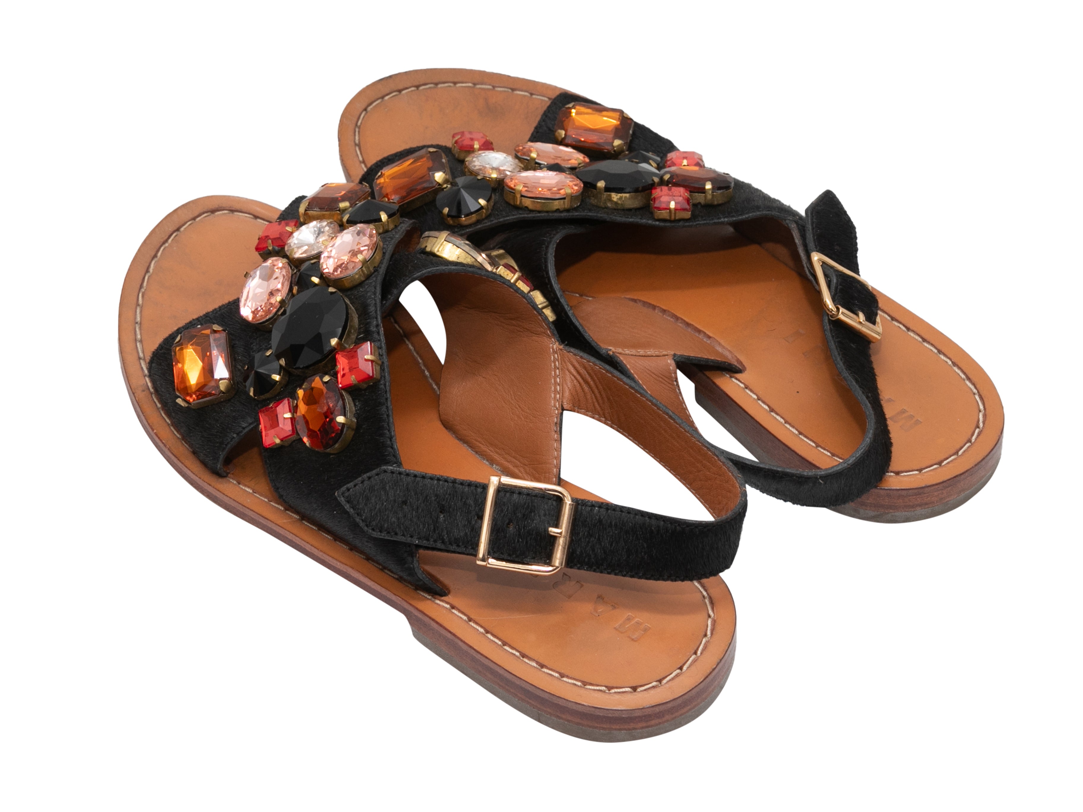 Black & Multicolor Ponyhair Rhinestone-Embellished Sandals Size 37.5