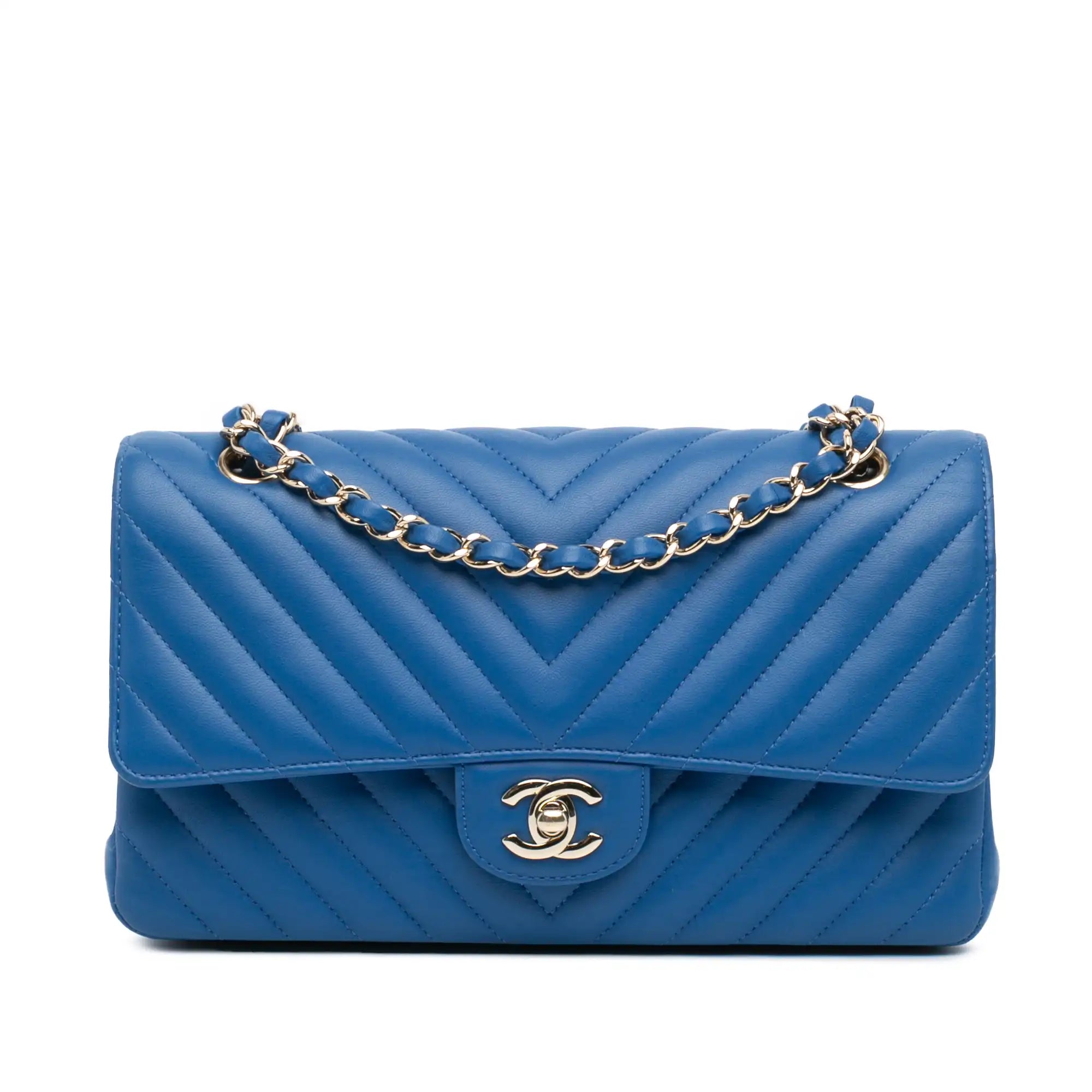 image of Blue Chanel Medium Classic Chevron Lambskin Double Flap Shoulder Bag