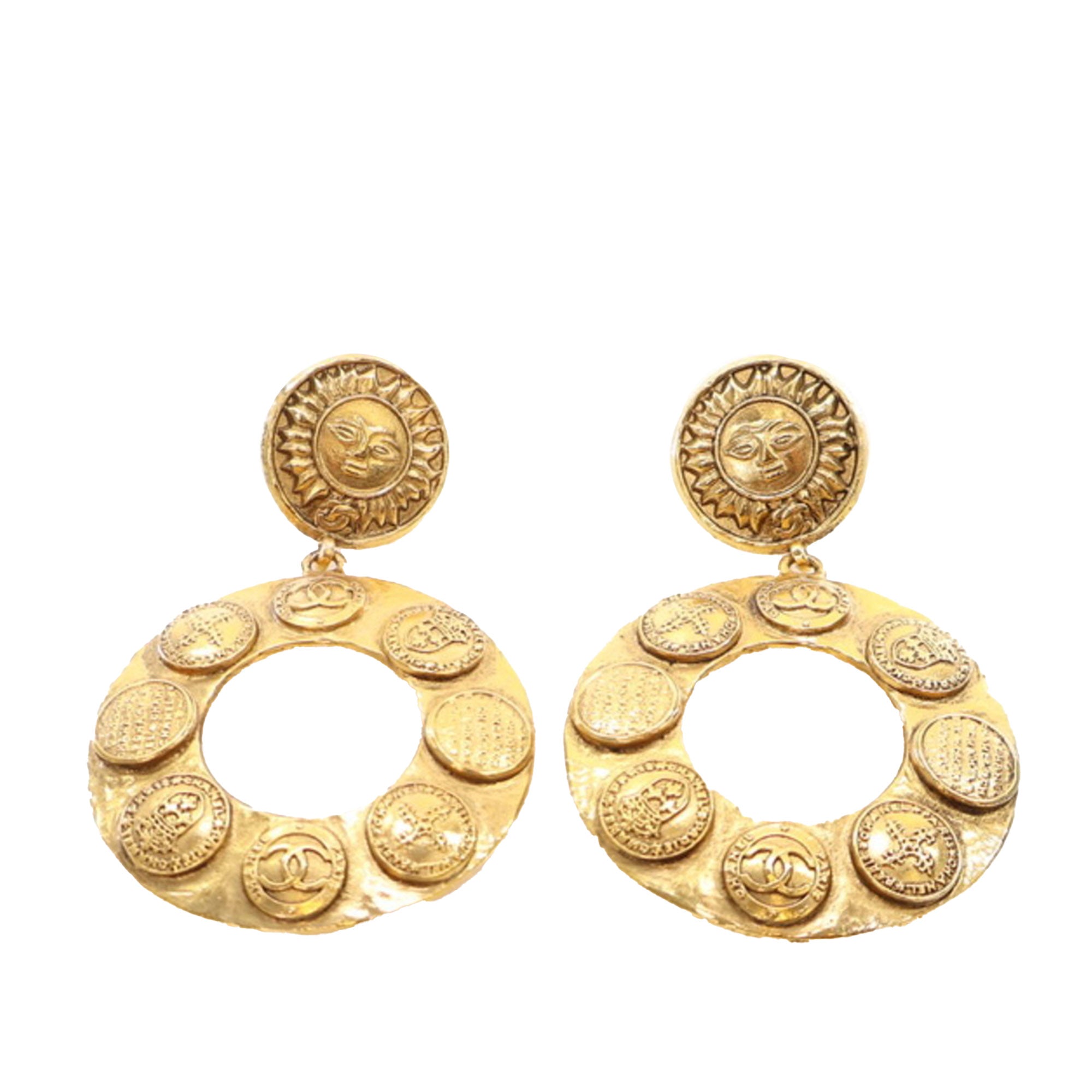 image of Gold Chanel Gold Plated Sun Coin Medallion Motif Hoop Drop Earrings