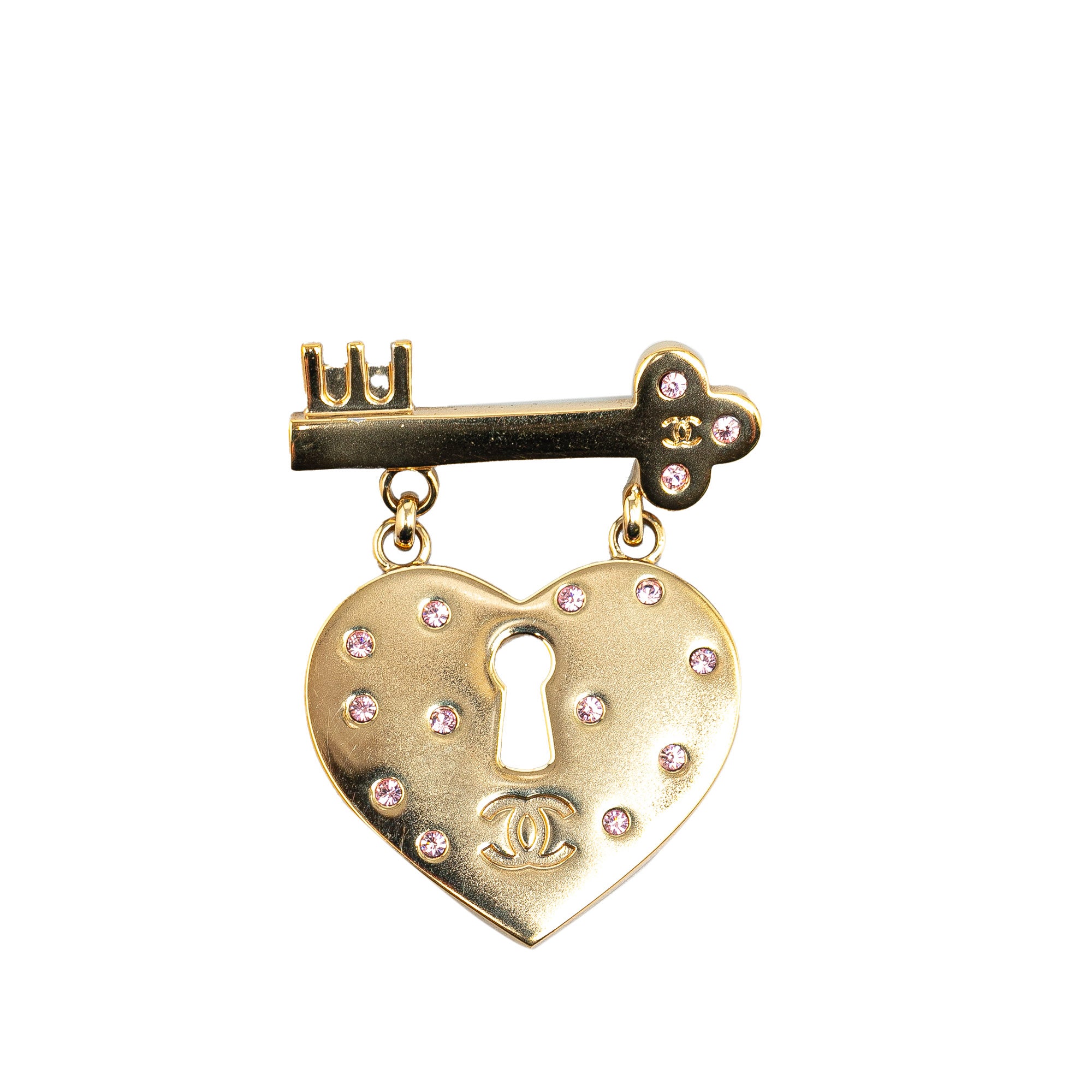 image of Gold Chanel Gold Plated Heart Lock and Key Brooch Pin