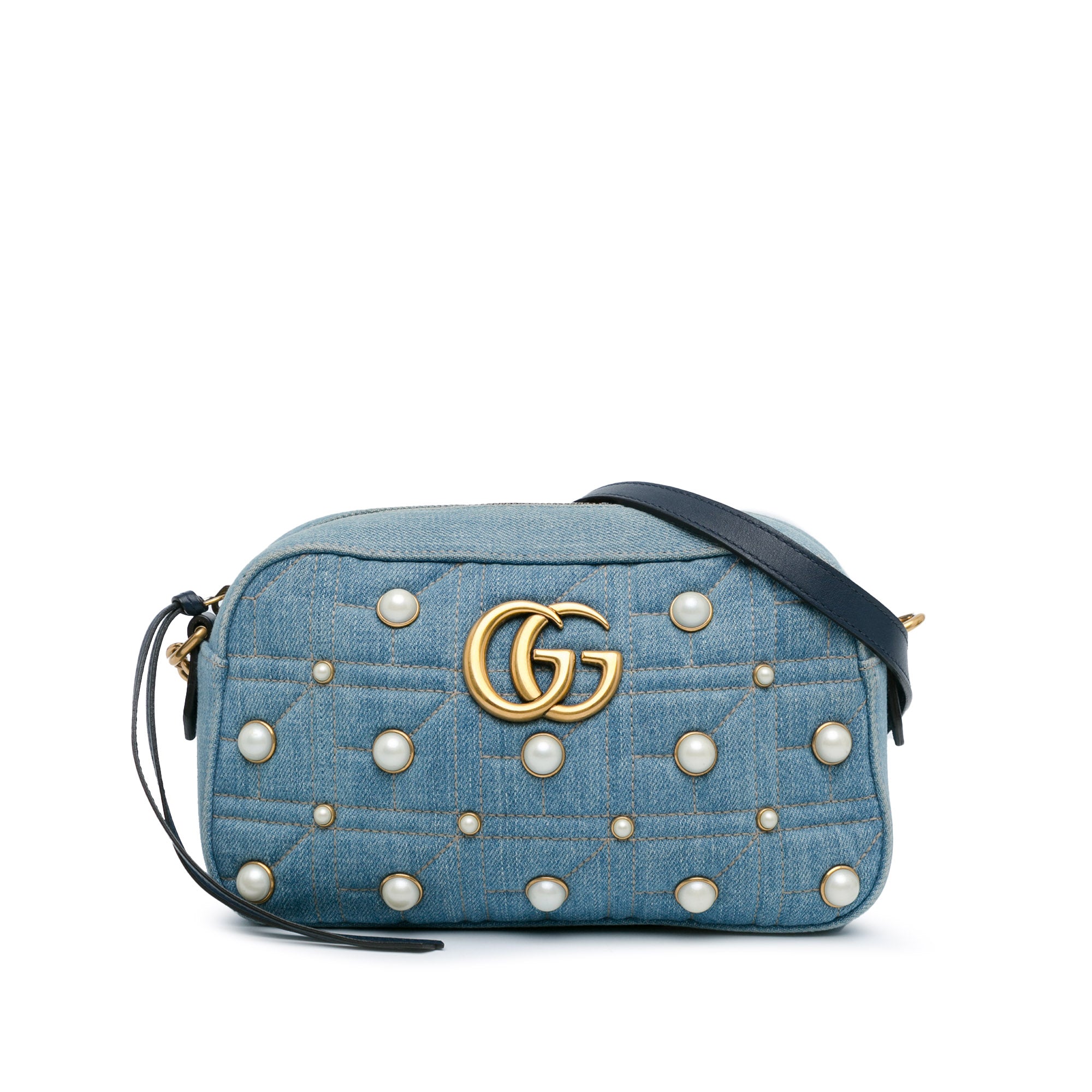 Image of Blue Gucci Small GG Marmont Pearl Studded Denim Crossbody Bag