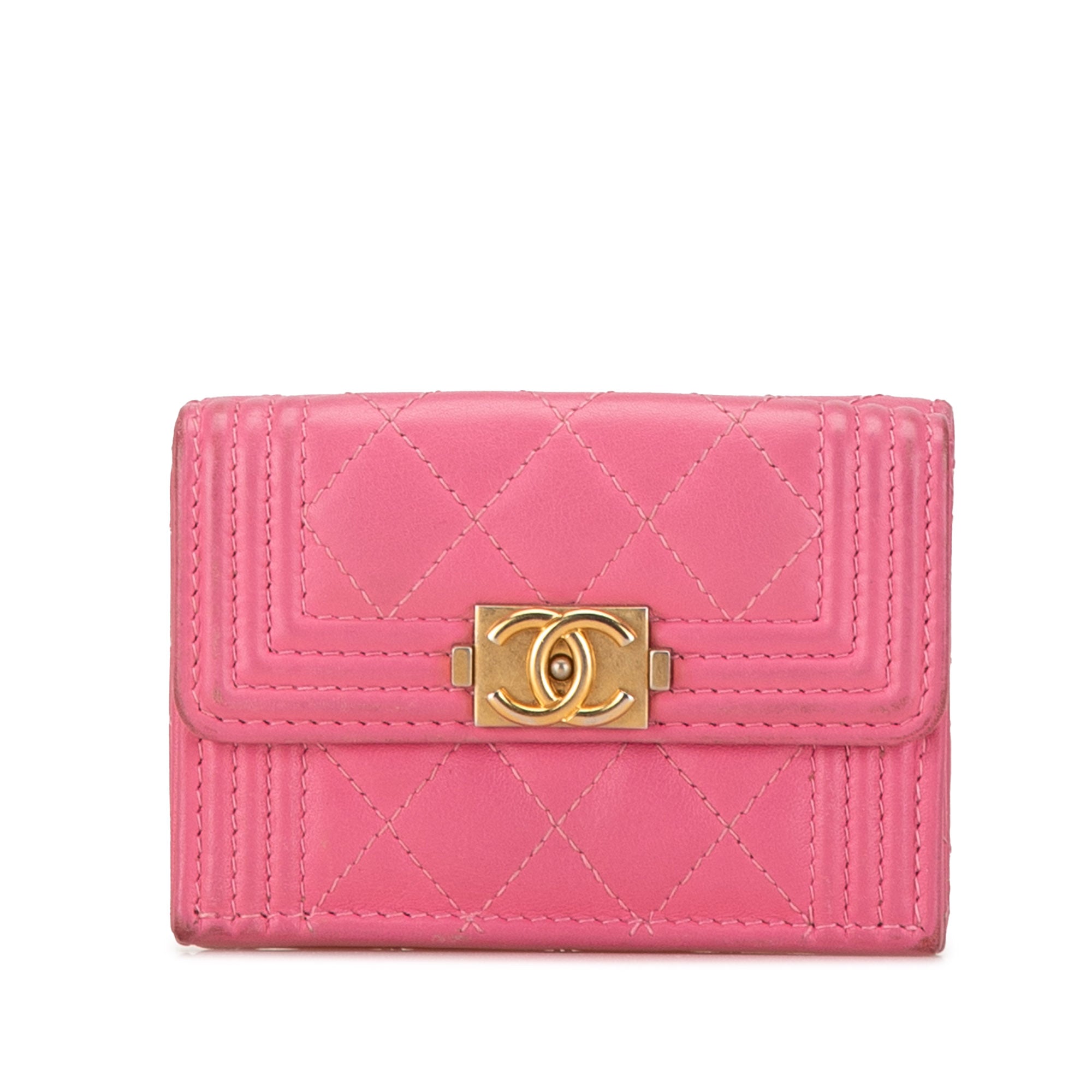 image of Pink Chanel Lambskin Boy Flap Compact Wallet