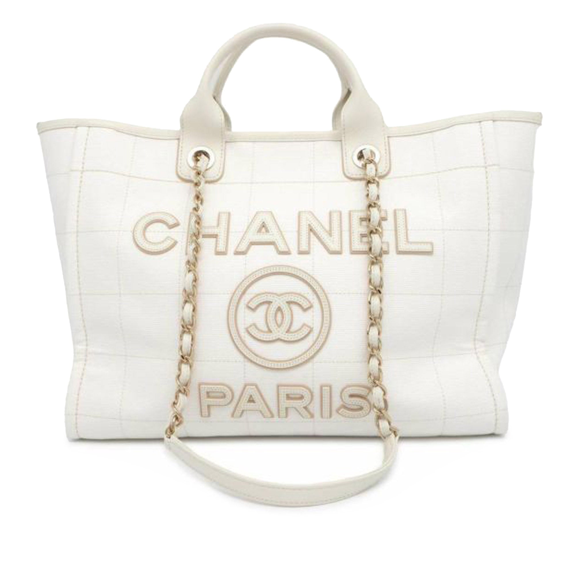 image of White Chanel Medium Canvas Square Stitch Deauville Shopping Tote Satchel