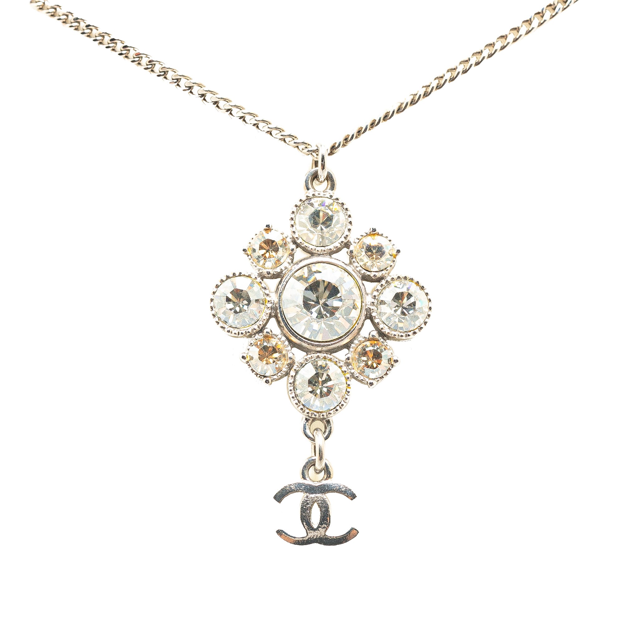 image of Silver Chanel Palladium Plated CC Crystal Pendant Necklace