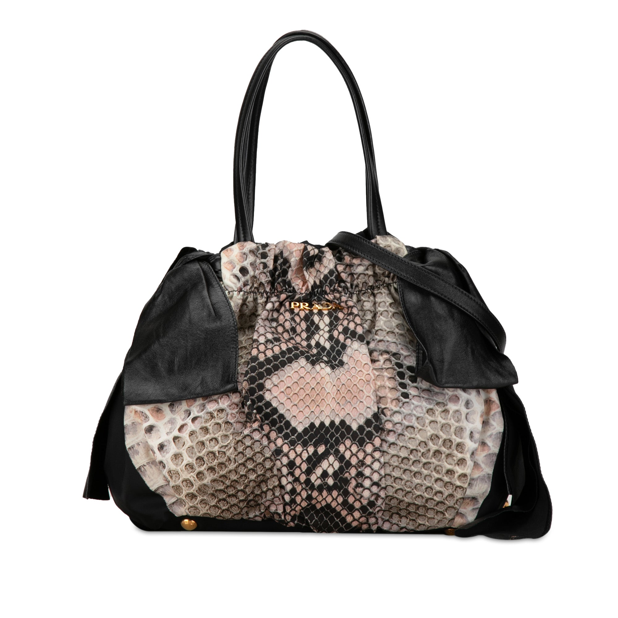 image of Black Prada Tessuto Python Print Bow Satchel