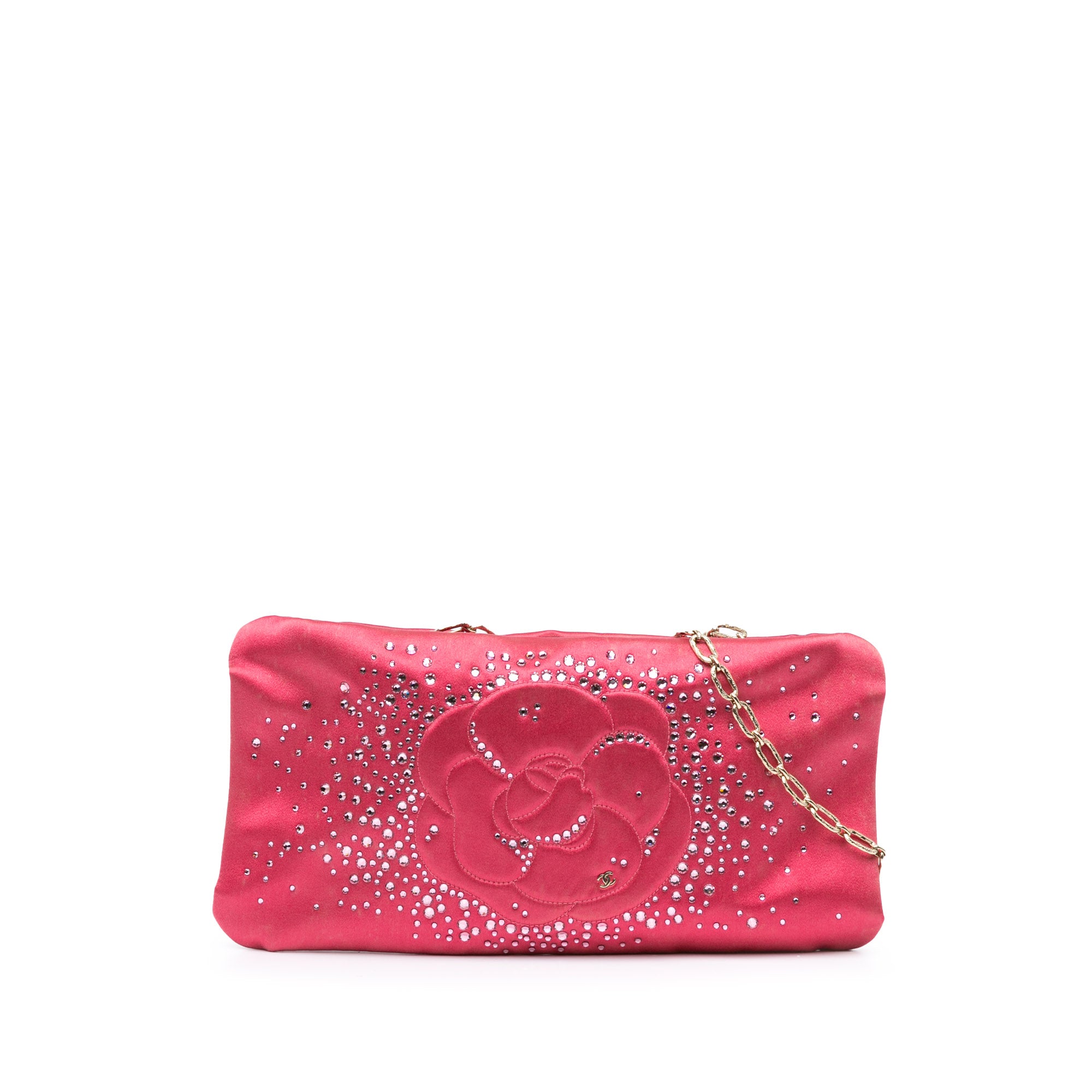 image of Pink Chanel Satin Diamante Camellia Clutch with Chain Shoulder Bag