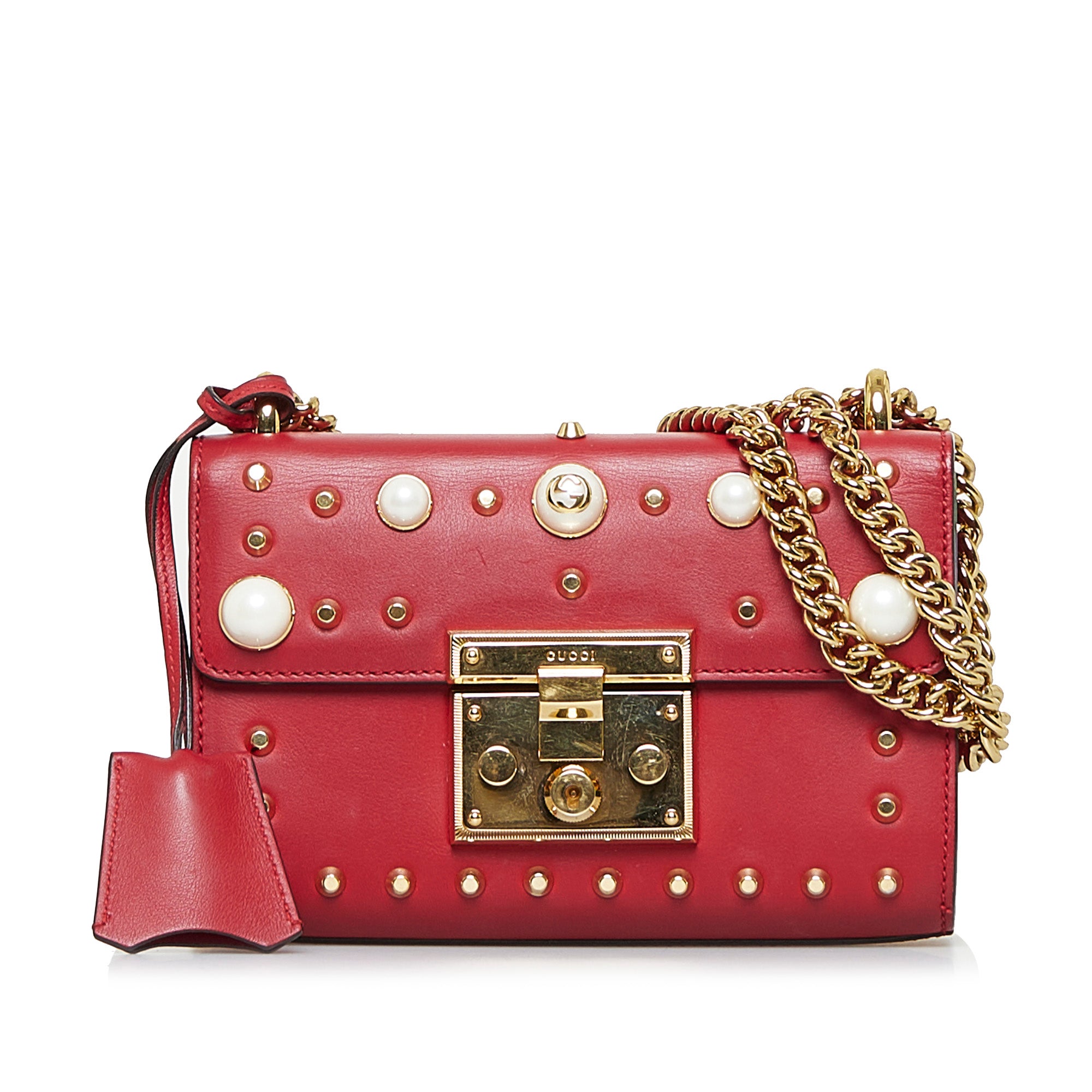 image of Red Gucci Pearl Studded Padlock Shoulder Bag