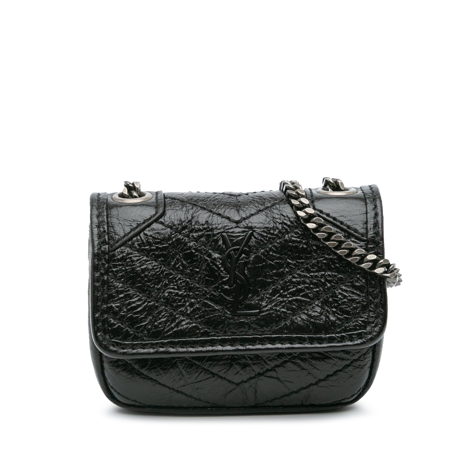 image of Black Saint Laurent Micro Crinkled Leather Niki Airpods Case with Chain Crossbody Bag