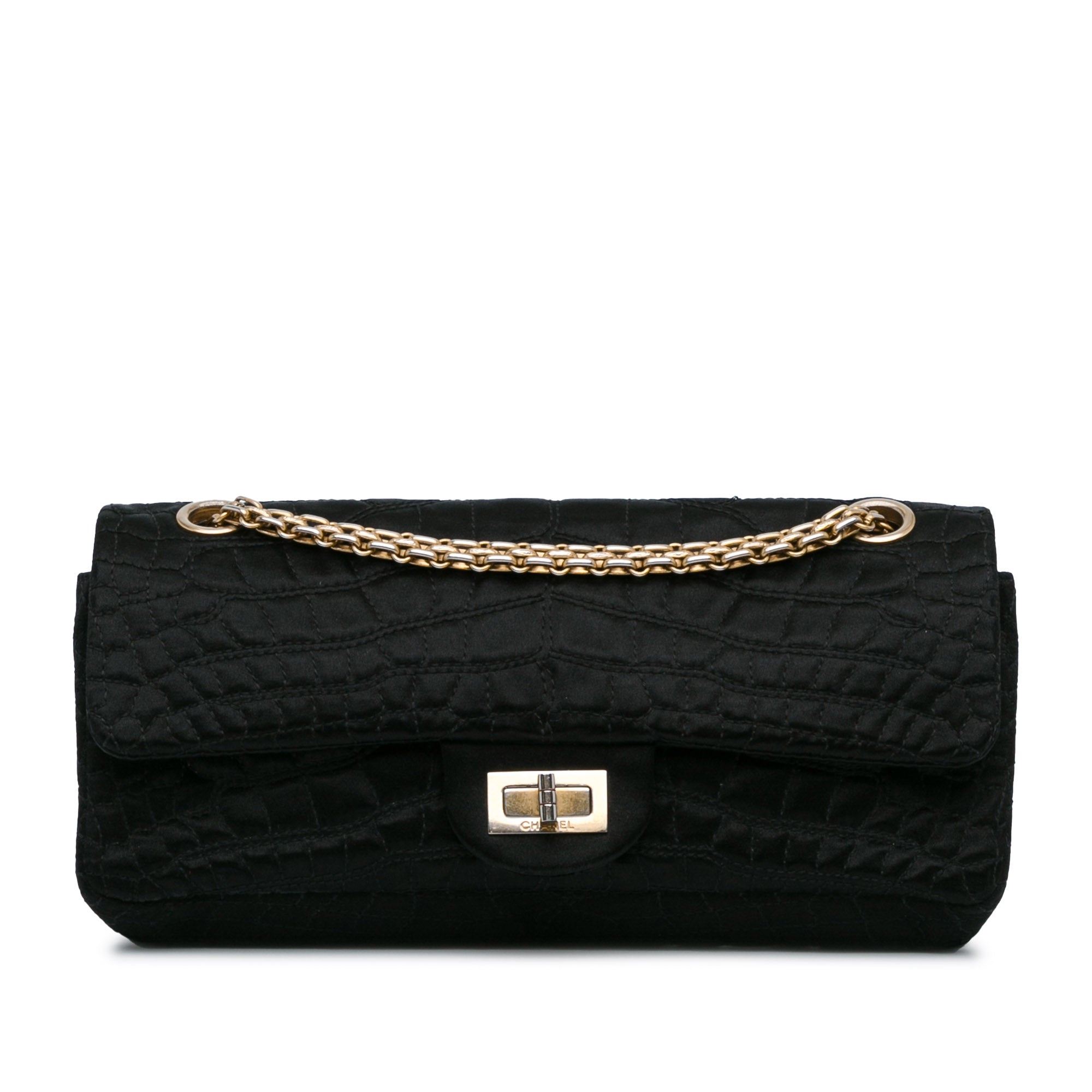 Image of Black Chanel Reissue 2.55 Croc Stitched Satin East West Double Flap Shoulder Bag