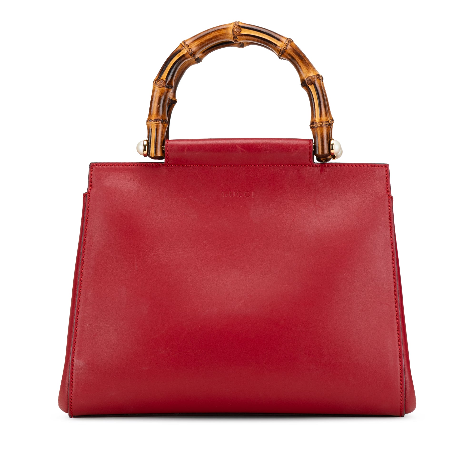 image of Red Gucci Small Leather Bamboo Nymphaea Satchel