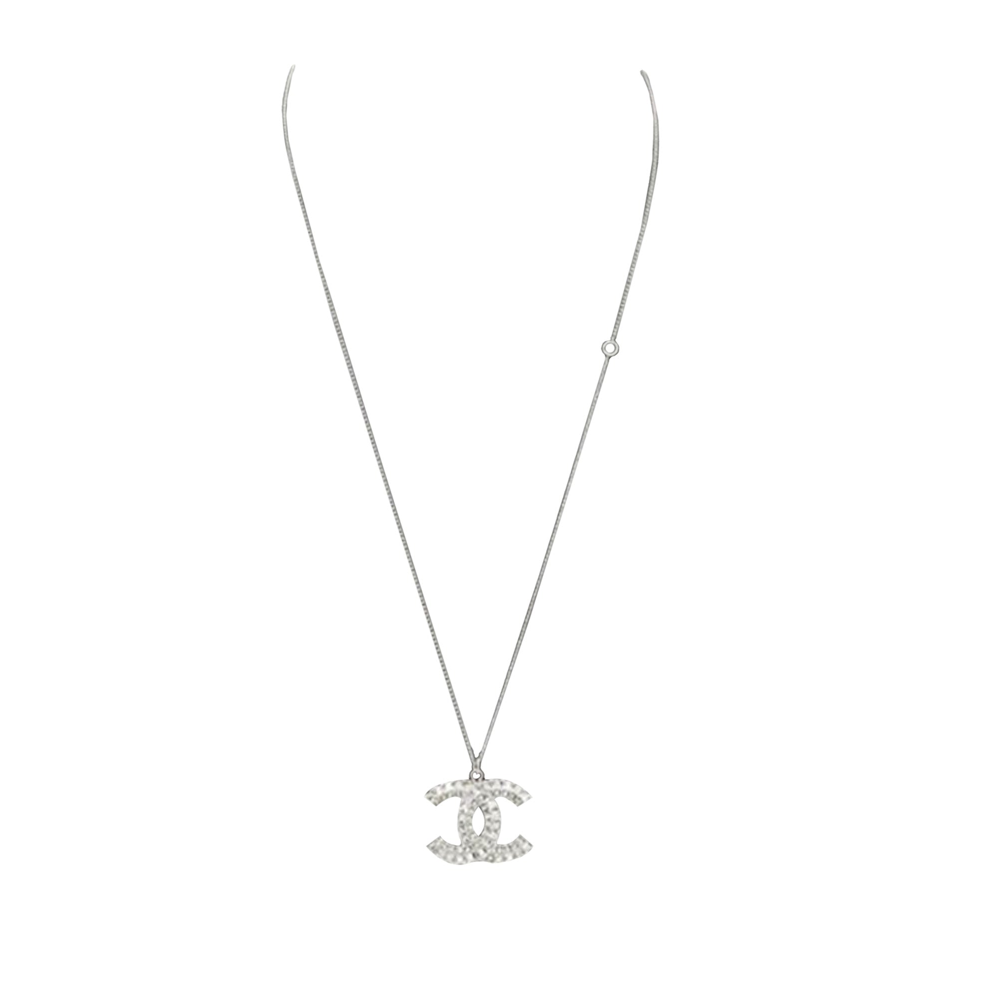 image of Silver Chanel CC Silver Plated Rhinestones Pendant Necklace