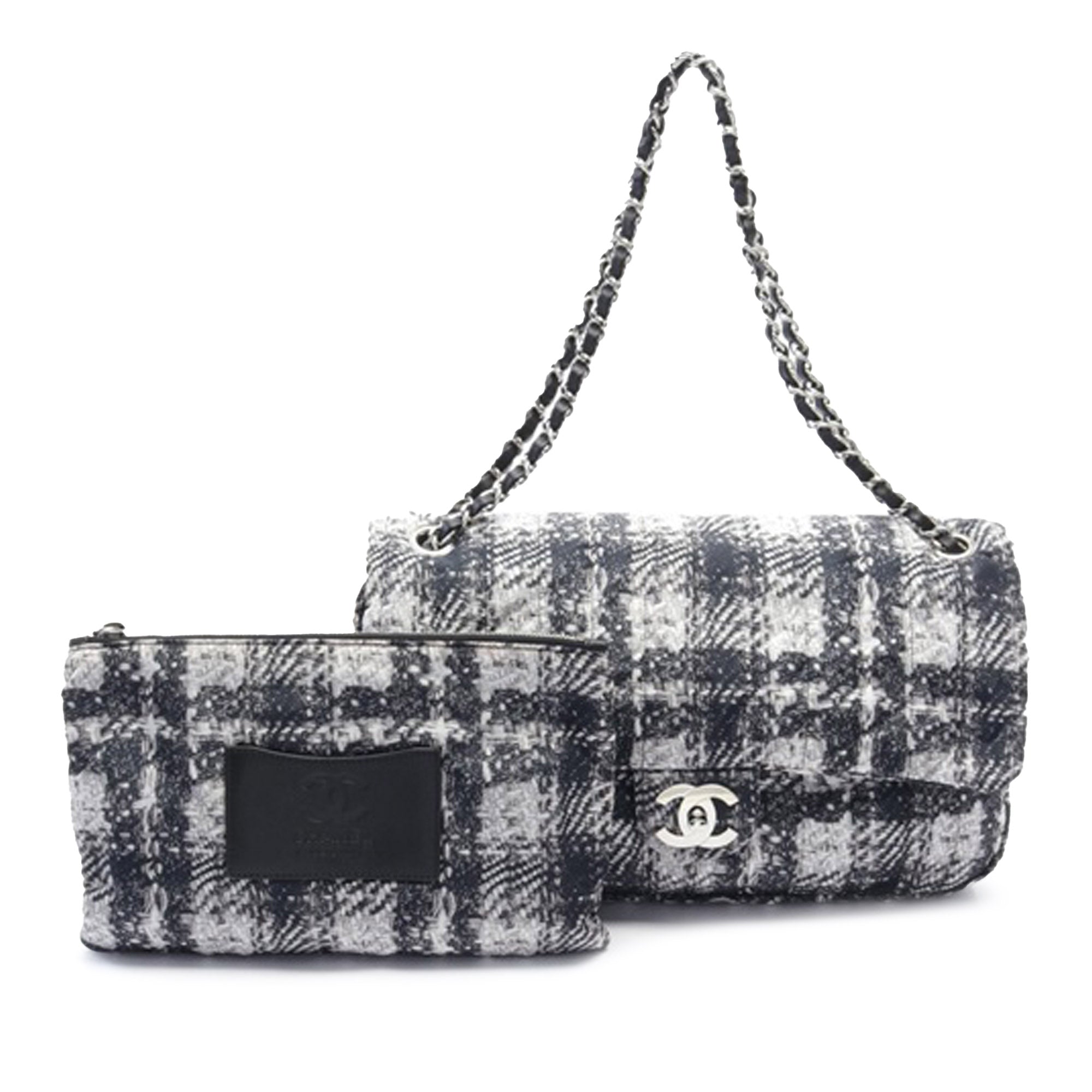 image of Gray Chanel Tweed Print Nylon Chain Flap Shoulder Bag