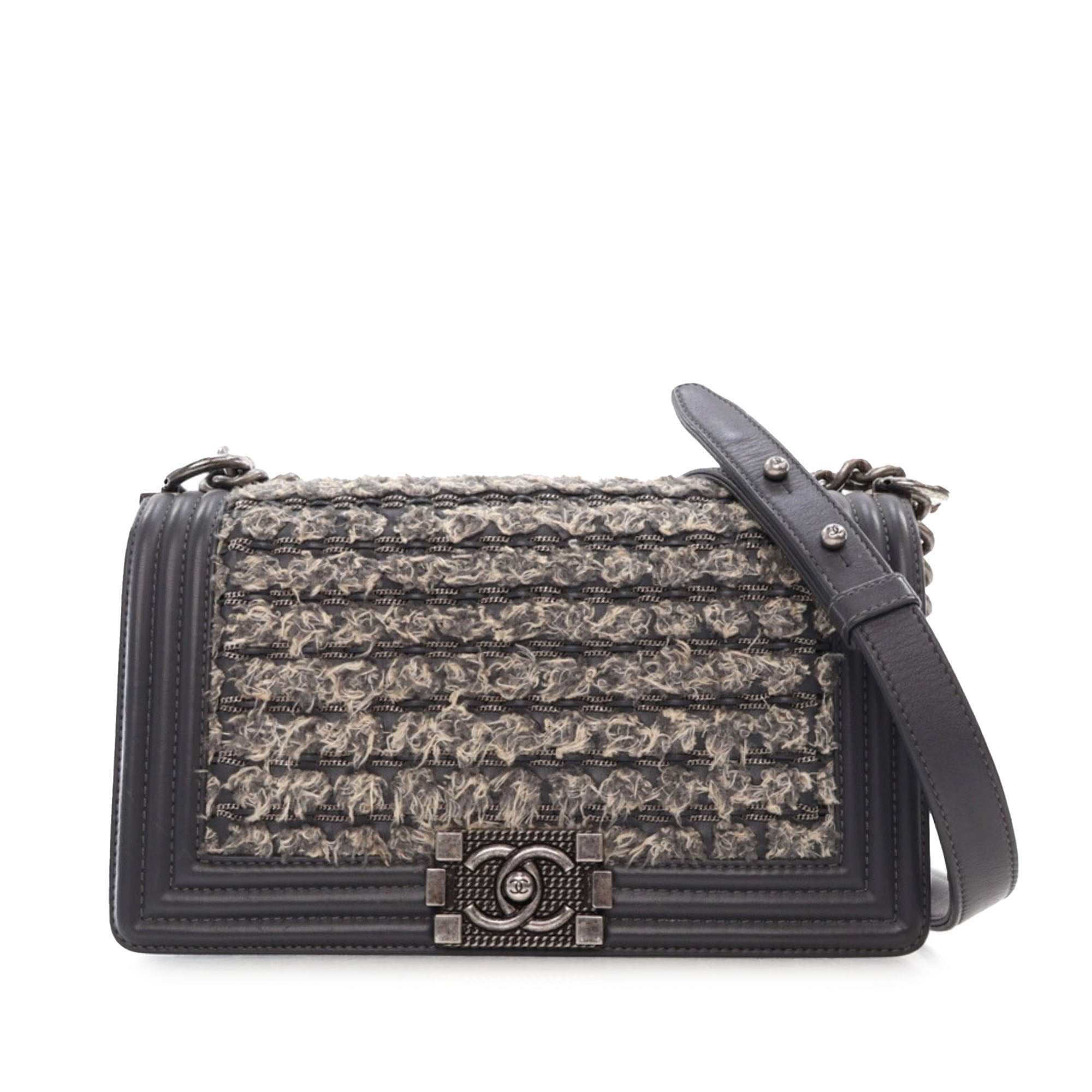 Image of Gray Chanel Medium Braided Tweed and Calfskin Boy Flap Crossbody Bag