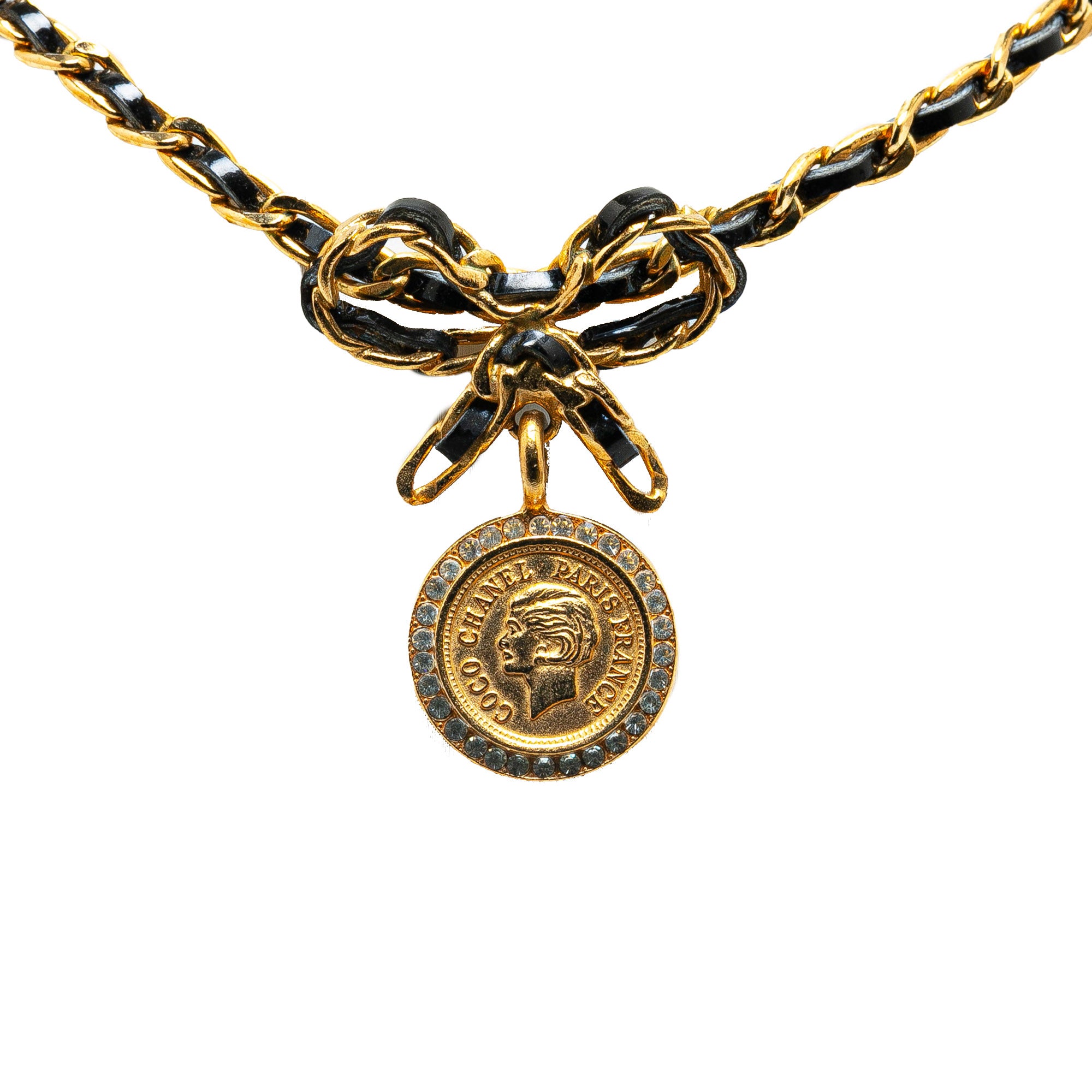 image of Gold Chanel Leather and Gold Plated Medallion Bow Pendant Necklace