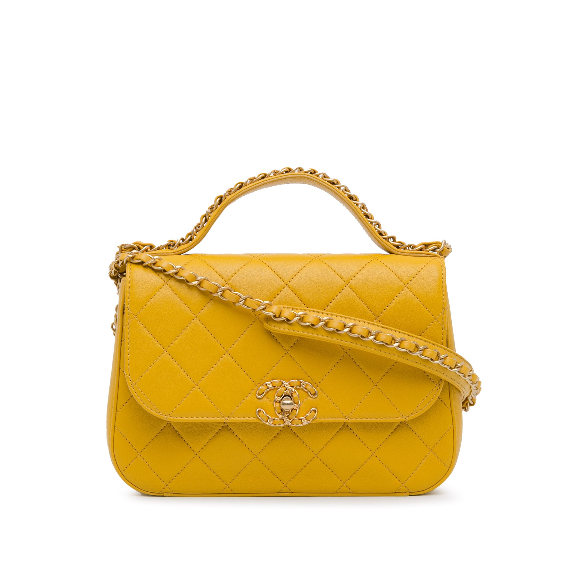 Image of Yellow Chanel Quilted Lambskin Chain Infinity Top Handle Flap Satchel